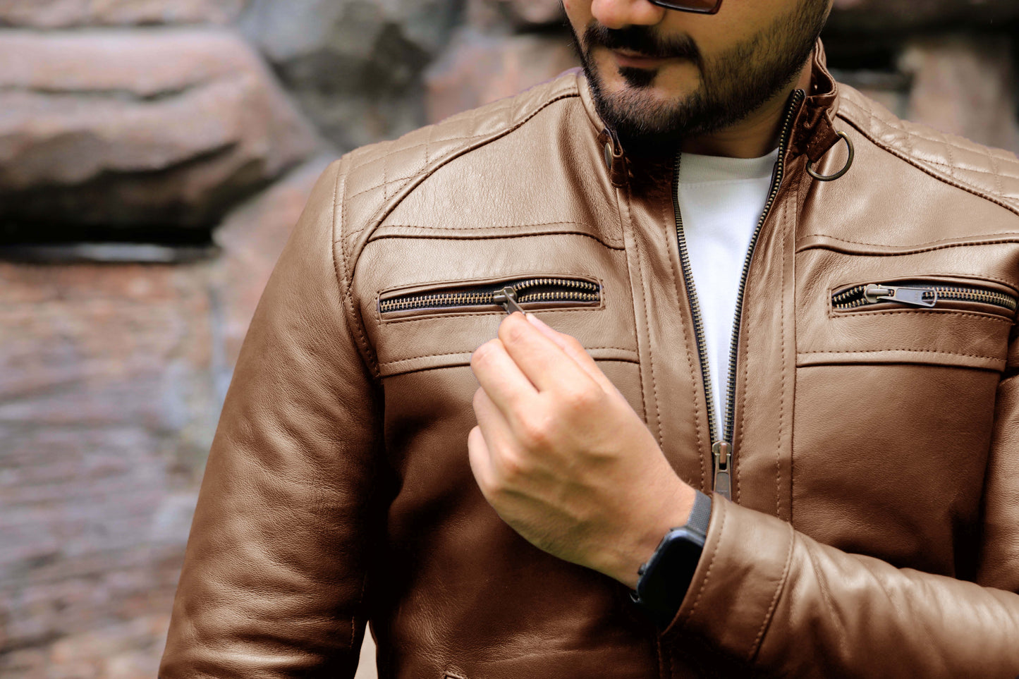 SAHIWAL JACKET Men's Leather Jacket For Men, Diamond Style Biker Jacket For Men-Cognac