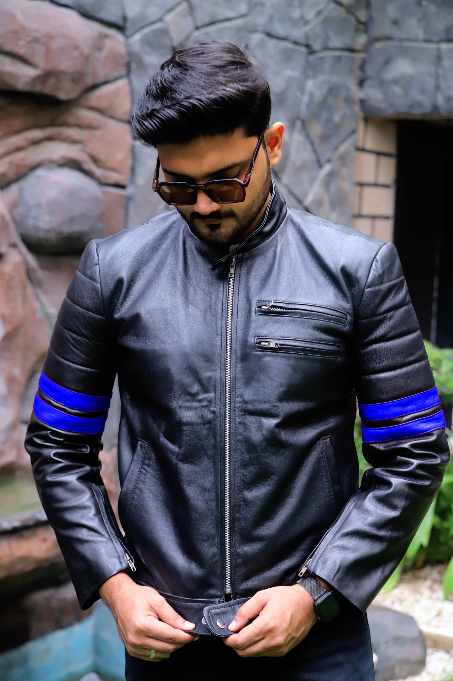 SARGODHA JACKET Men's Cafe Racer Leather Jacket With Blue Bicep Stripes, Biker Leather Jacket For Men- Black/Blue