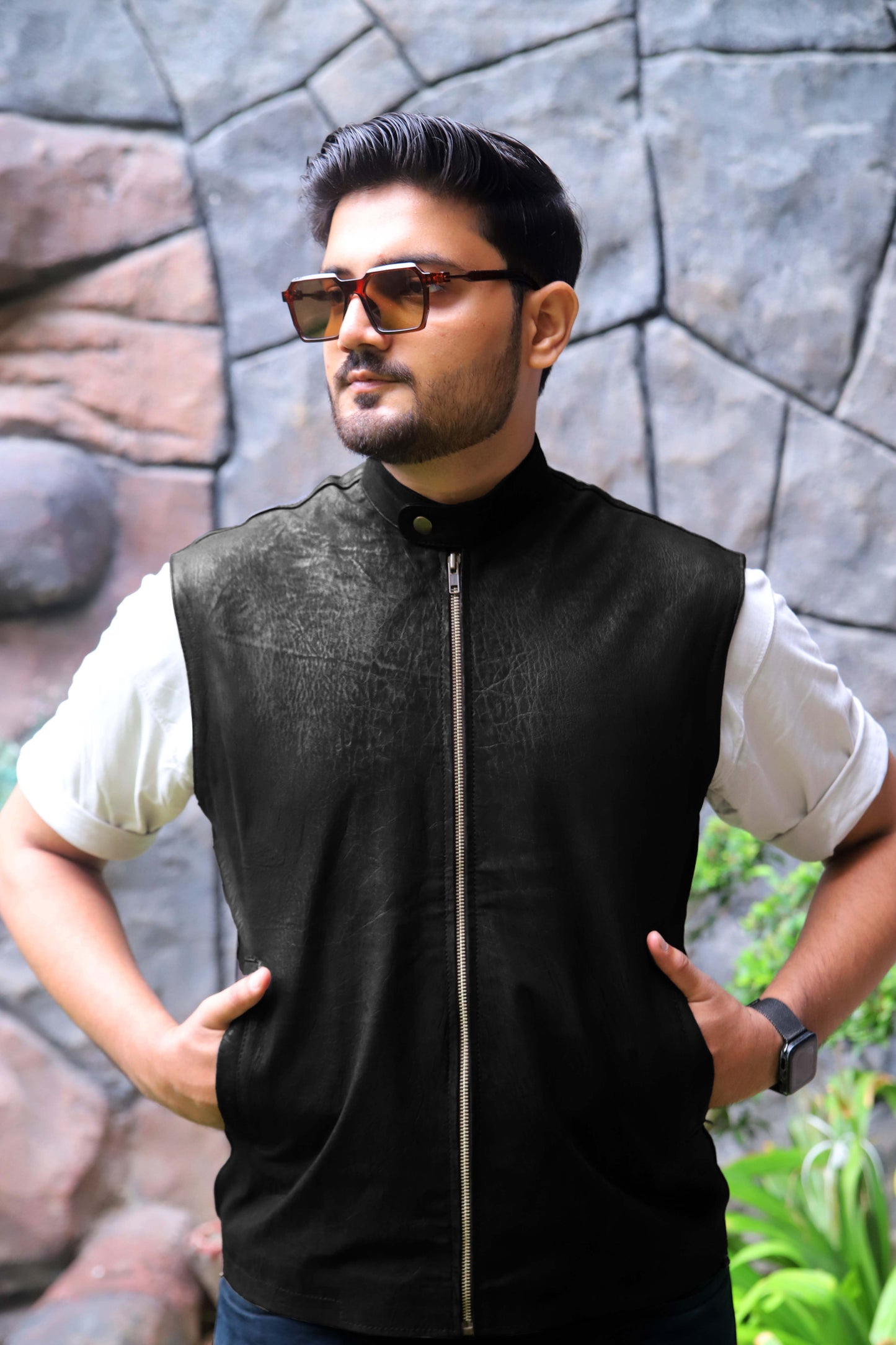 BUREWALA JACKET Men's Leather Vest, Formal Leather Vest, Biker Leather Vest, Casual Leather Vest For Men- Black