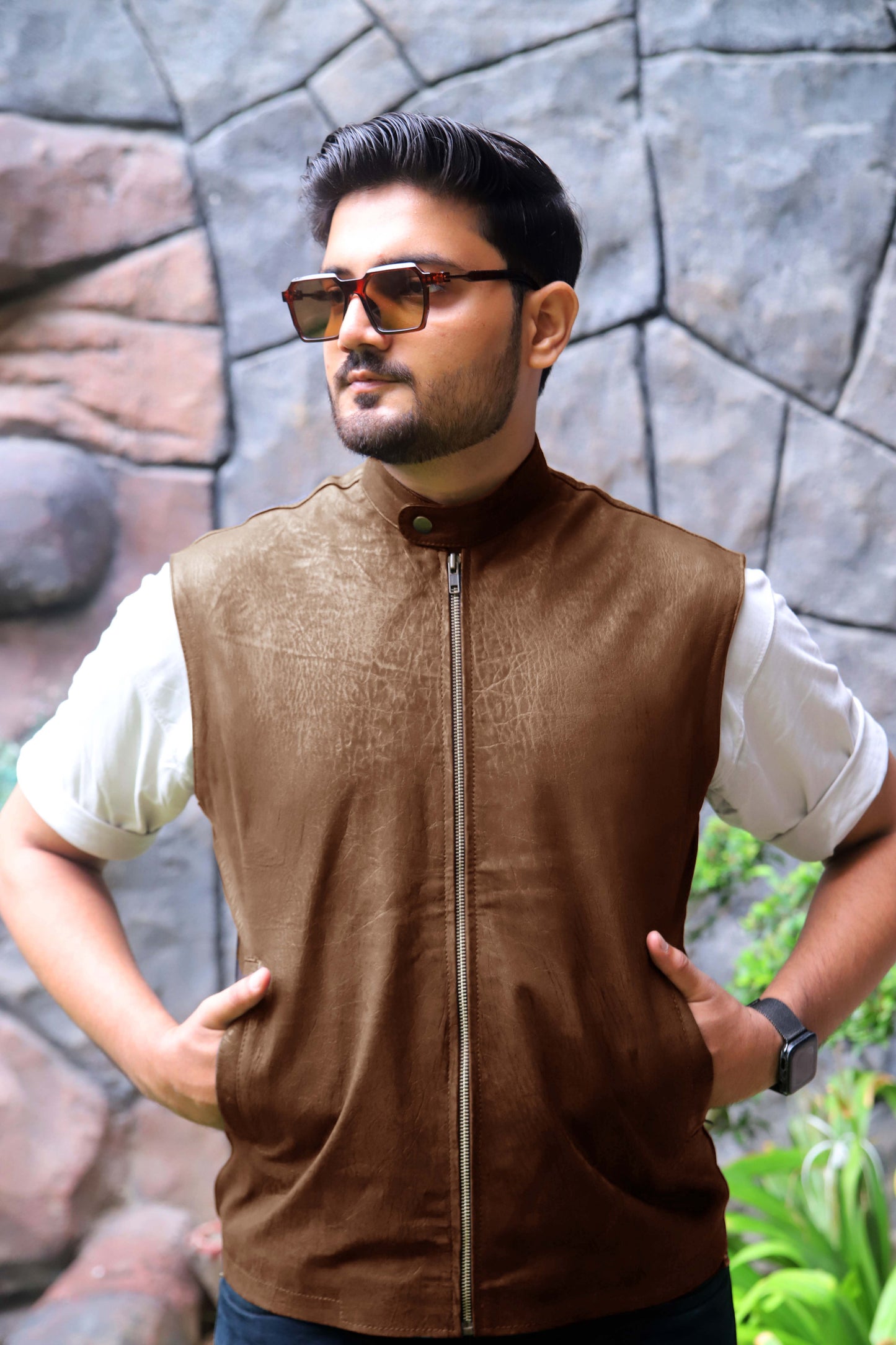 BUREWALA JACKET Men's Leather Vest, Formal Leather Vest, Biker Leather Vest, Casual Leather Vest For Men- Cognac