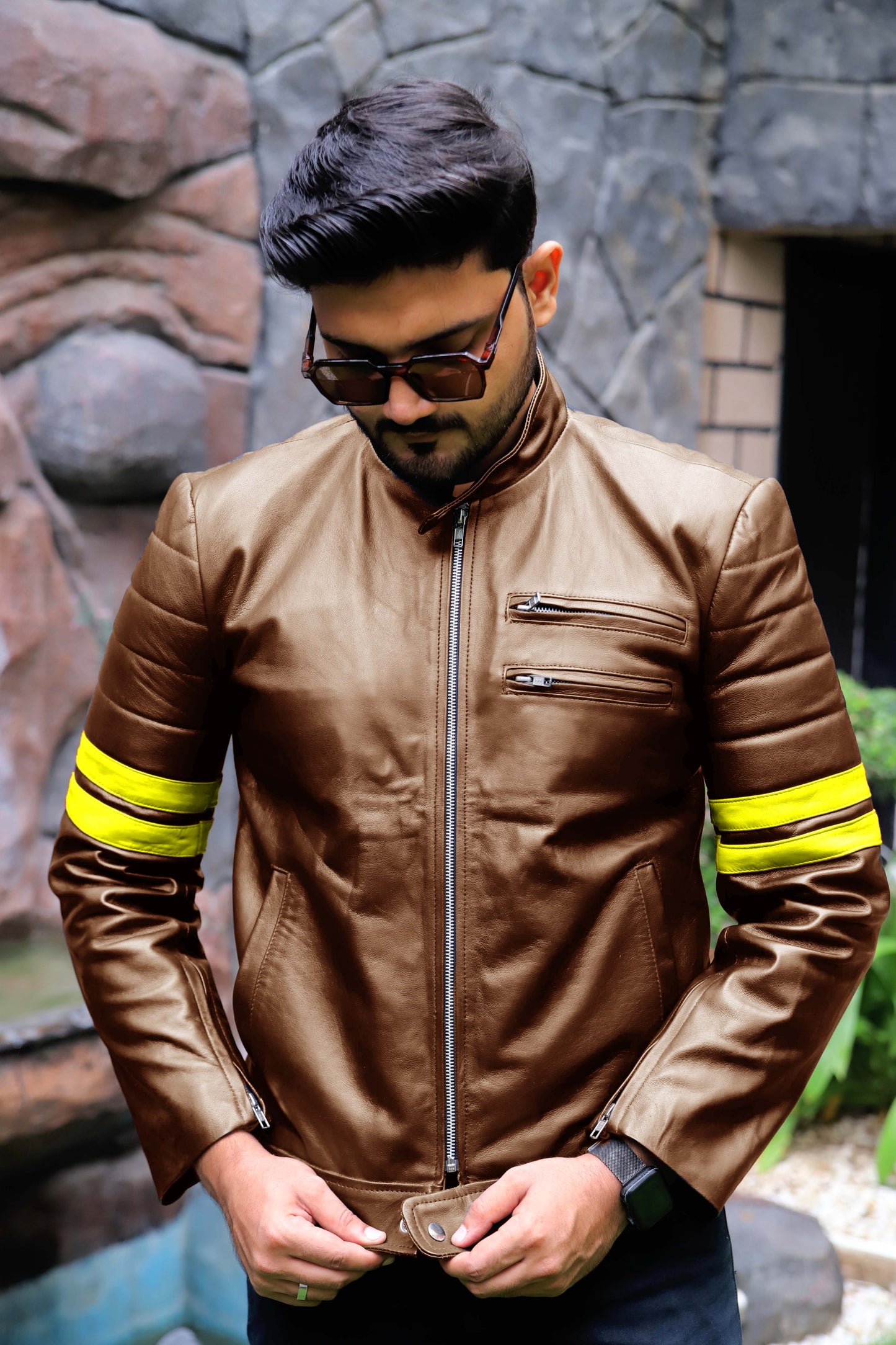 SARGODHA JACKET Men's Cafe Racer Leather Jacket With Yellow Bicep Stripes, Biker Leather Jacket For Men- Cognac/Yellow