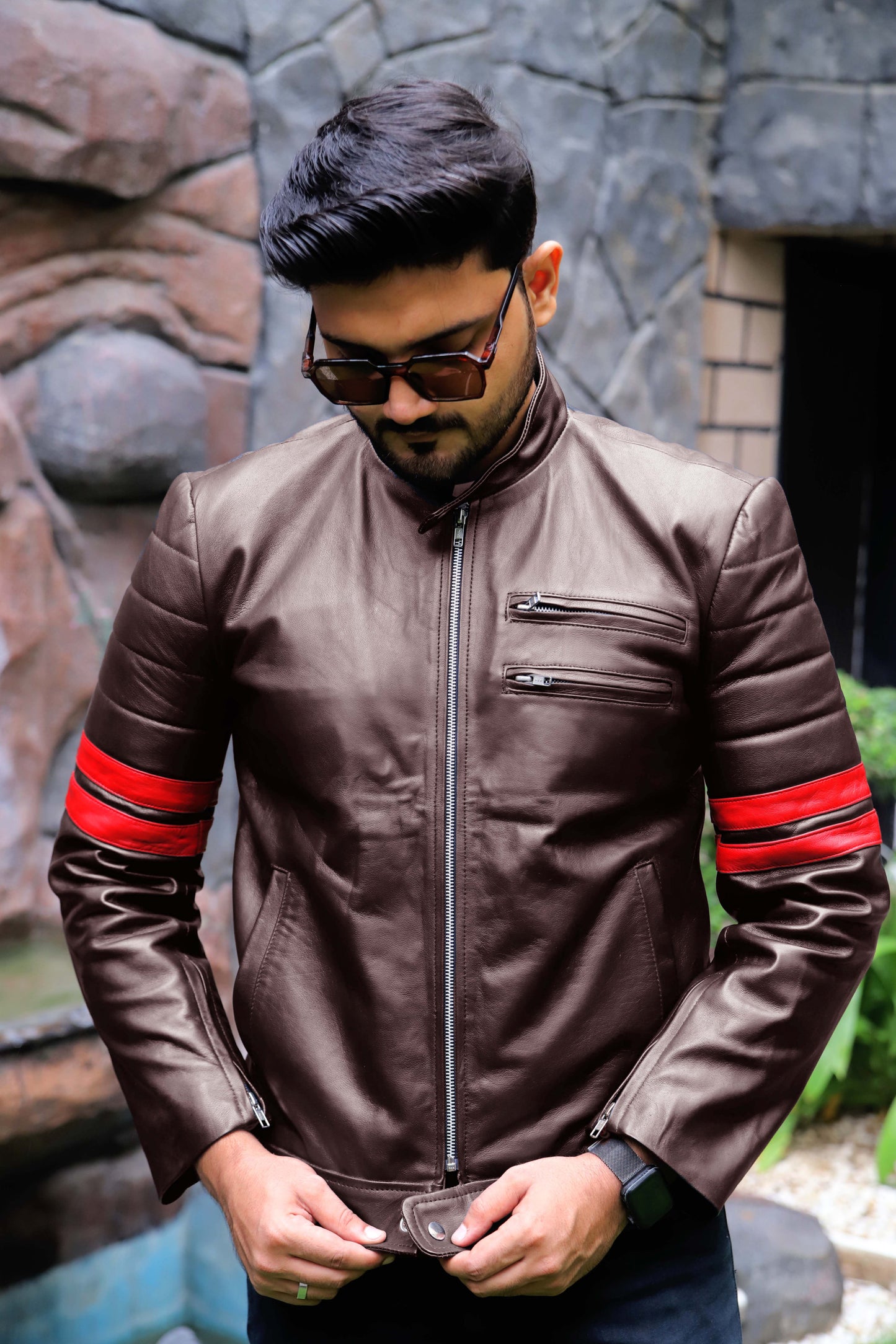 SARGODHA JACKET Men's Cafe Racer Leather Jacket With Red Bicep Stripes, Biker Leather Jacket For Men- Brown/Red