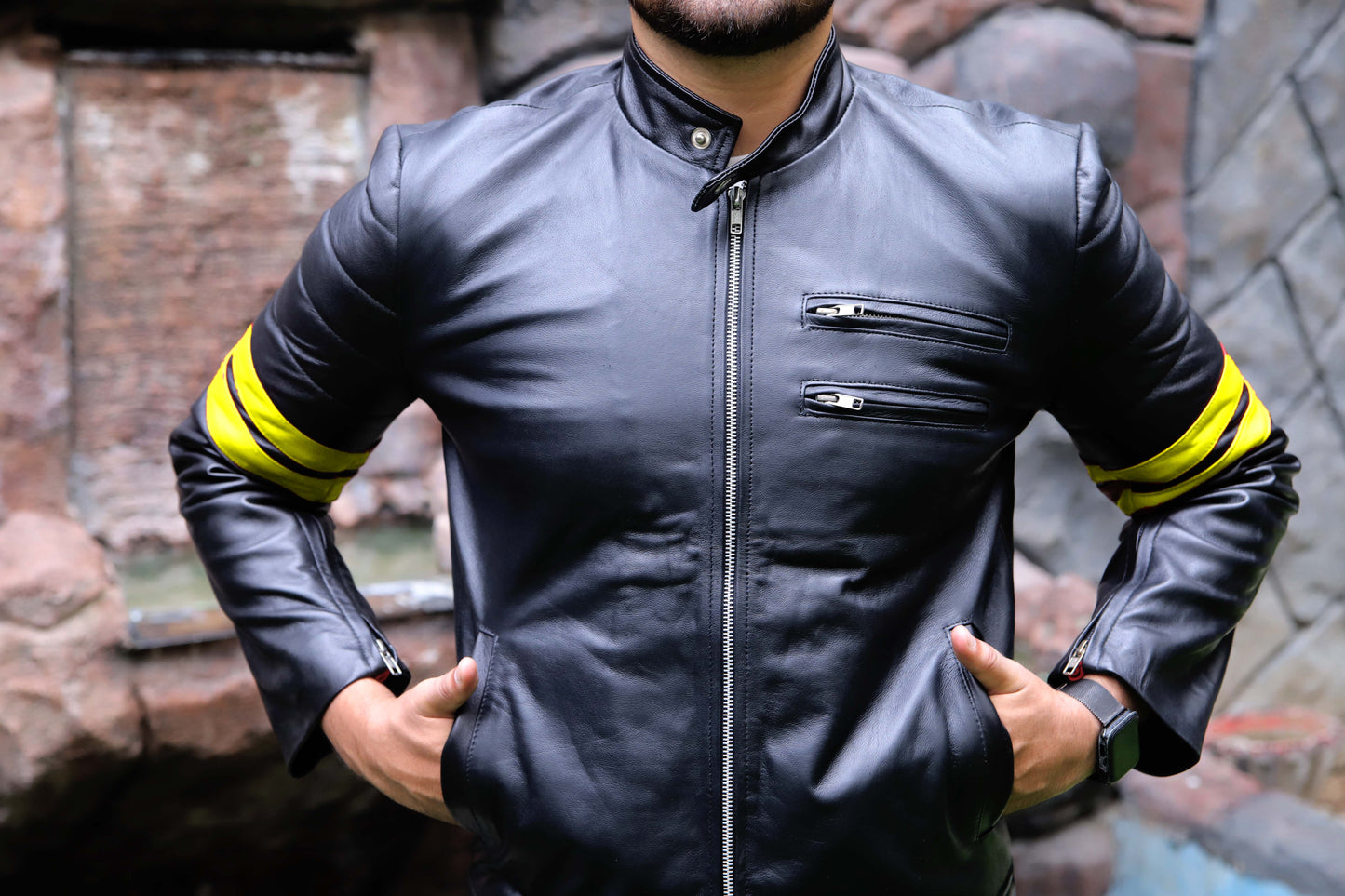 SARGODHA JACKET Men's Cafe Racer Leather Jacket With Yellow Bicep Stripes, Biker Leather Jacket For Men- Black/Yellow