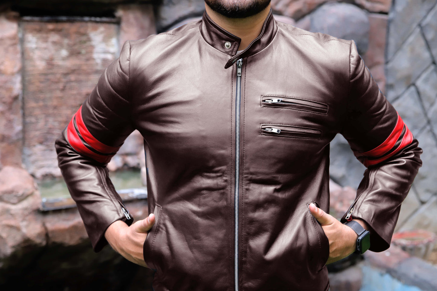 SARGODHA JACKET Men's Cafe Racer Leather Jacket With Red Bicep Stripes, Biker Leather Jacket For Men- Brown/Red