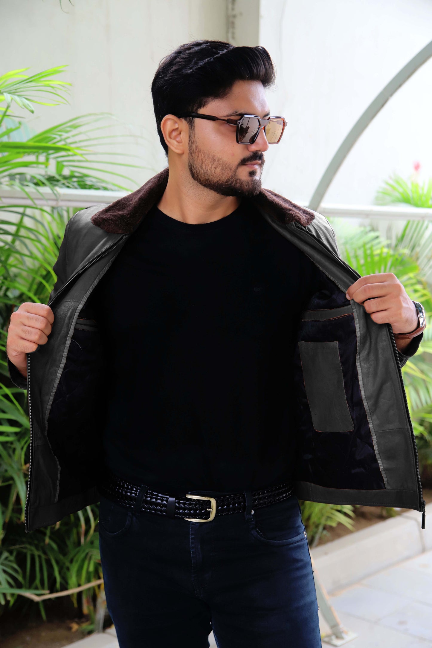 KHANIWAL JACKET Men's Leather Jacket With Fur Collar, Motorcycle Leather Jacket For Men, Casual Street Wear Leather Jacket- Black