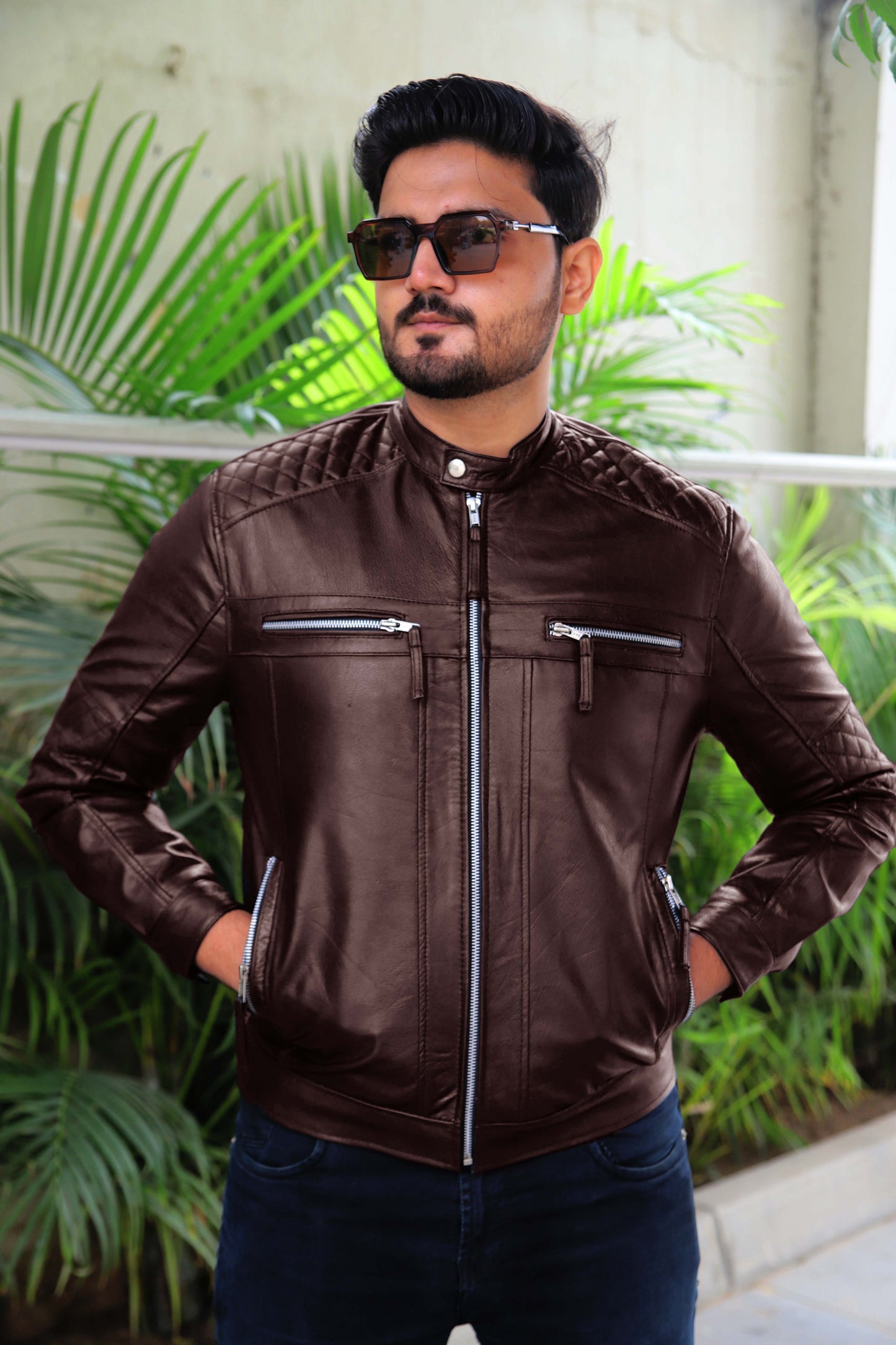 KHANPUR JACKET Men's Leather Jacket, Diamond Style Leather Jacket For Men, Biker Leather Jacket For Men- Brown