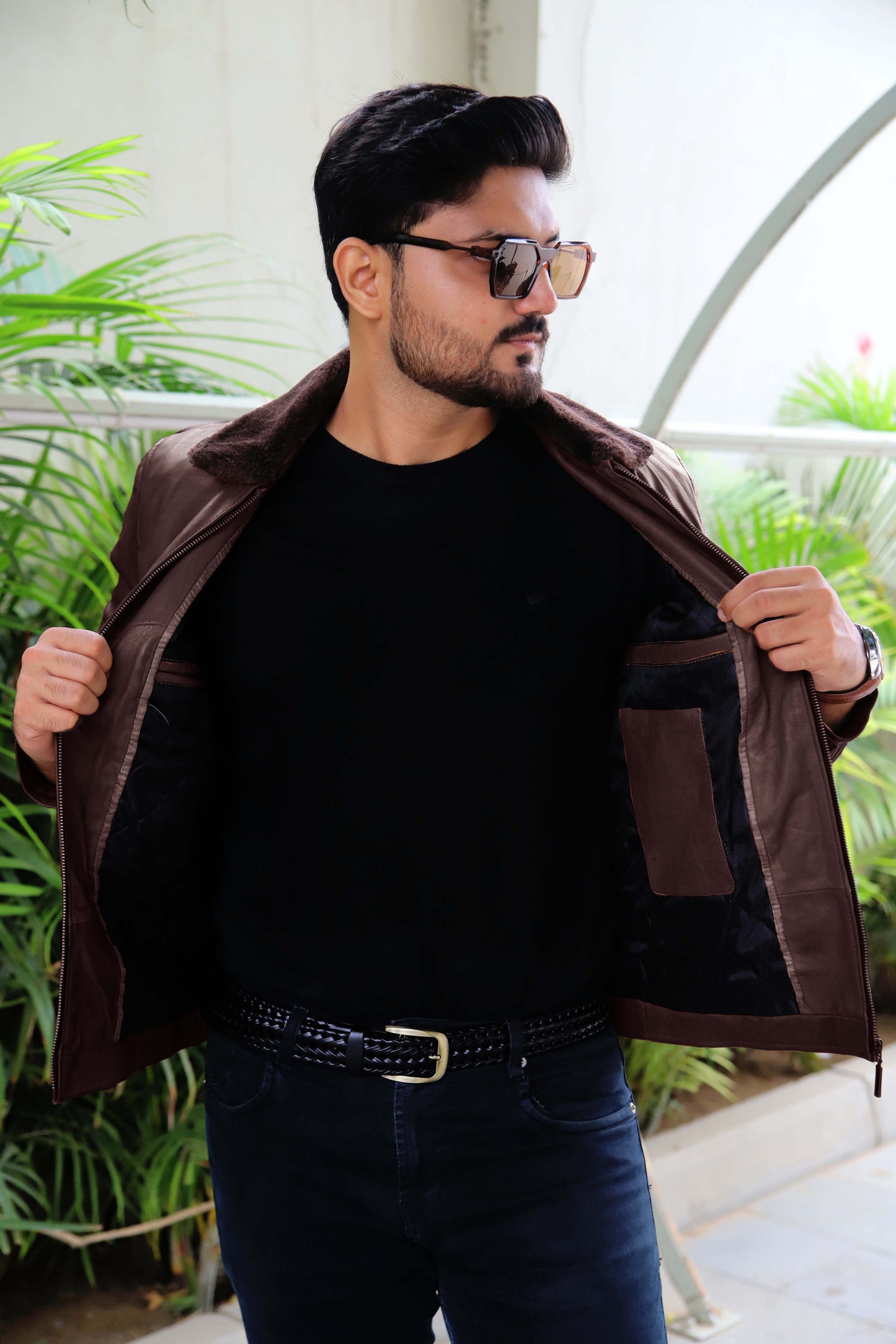 KHANIWAL JACKET Men's Leather Jacket With Fur Collar, Motorcycle Leather Jacket For Men, Casual Street Wear Leather Jacket- Brown