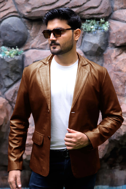CHINIOT JACKET Men's  Leather Blazer, Formal Leather Blazer For Men- Cognac