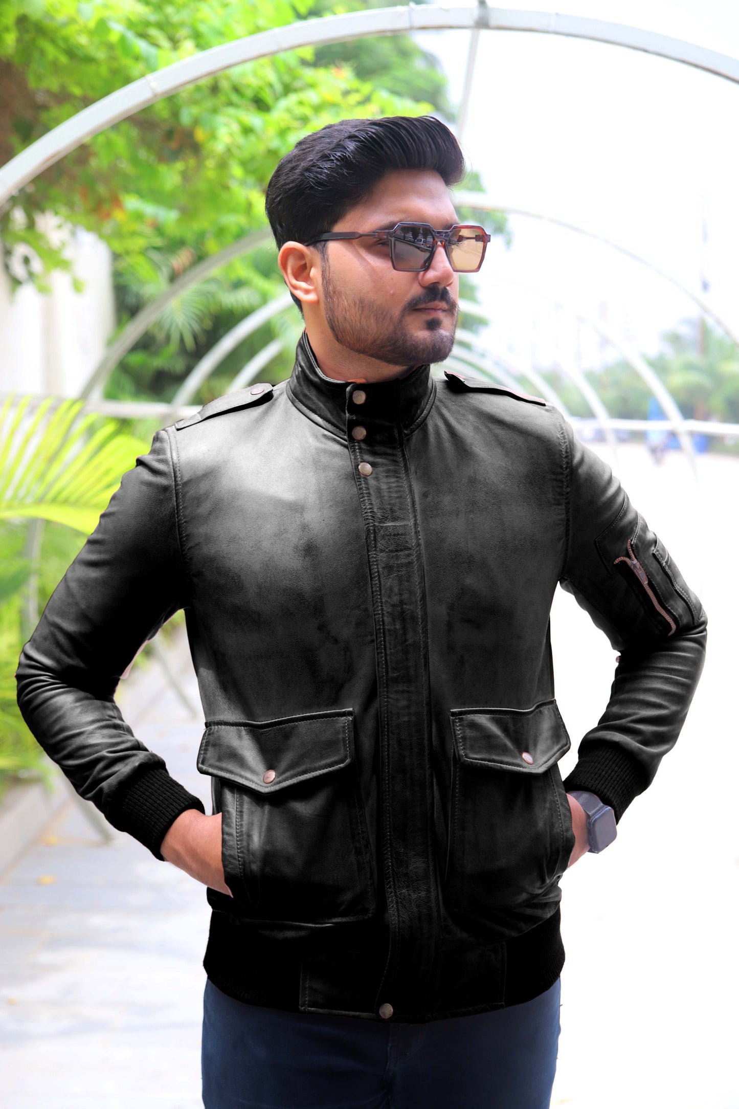 JHELUM JACKET Men's A2 Aviator Bomber Leather Jacket For, Men's Leather Jacket- Black