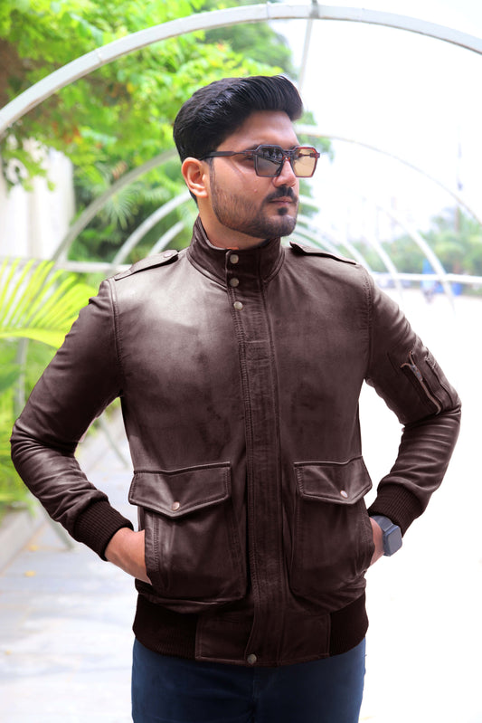 JHELUM JACKET Men's A2 Aviator Bomber Leather Jacket For, Men's Leather Jacket- Brown