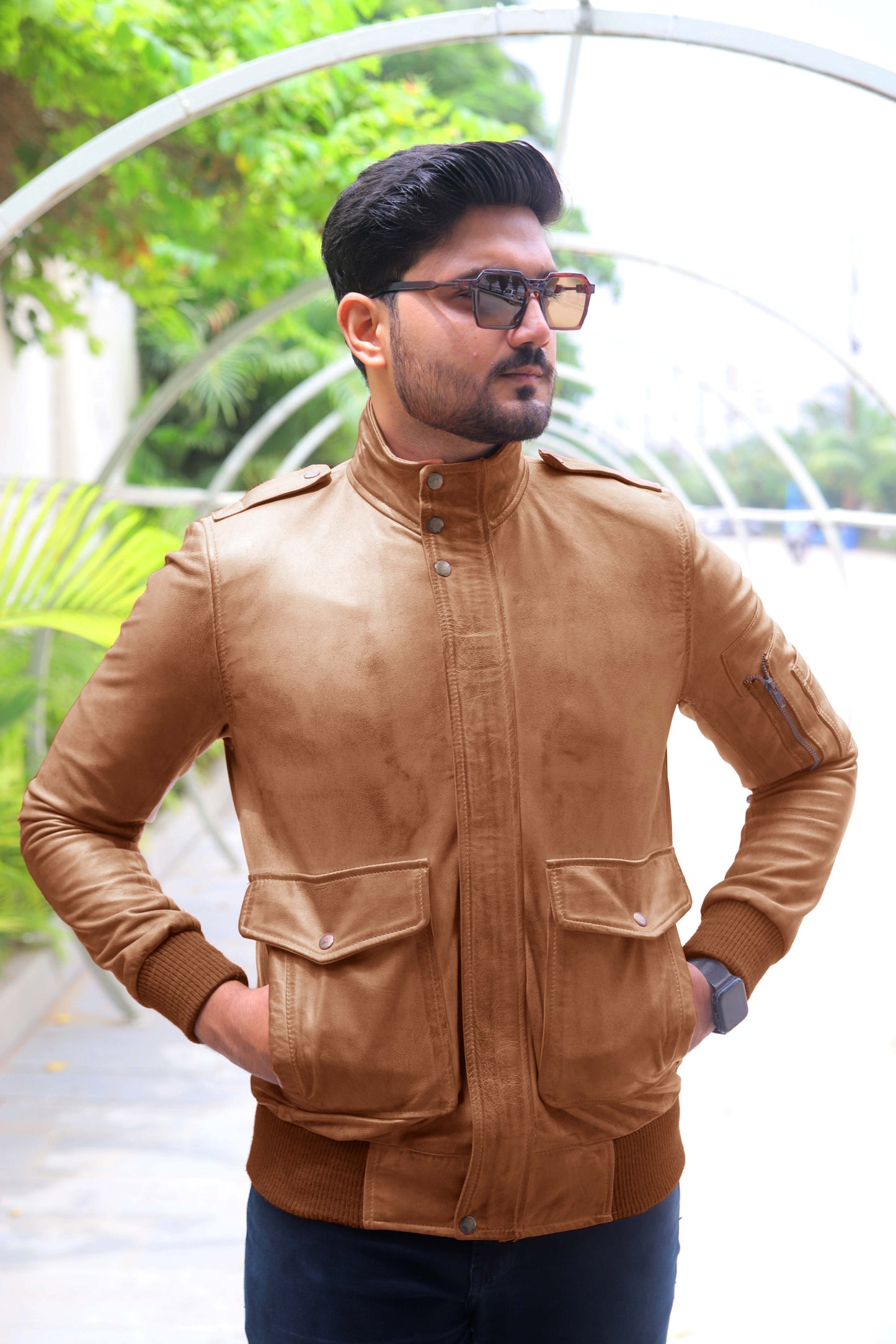 JHELUM JACKET Men's A2 Aviator Bomber Leather Jacket For, Men's Leather Jacket- Cognac