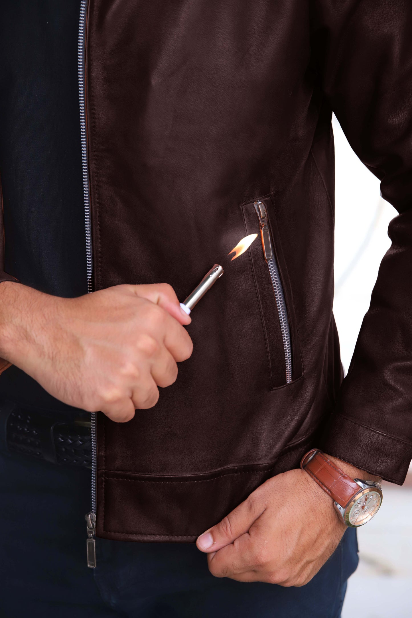 KHANIWAL JACKET Men's Leather Jacket With Fur Collar, Motorcycle Leather Jacket For Men, Casual Street Wear Leather Jacket- Brown