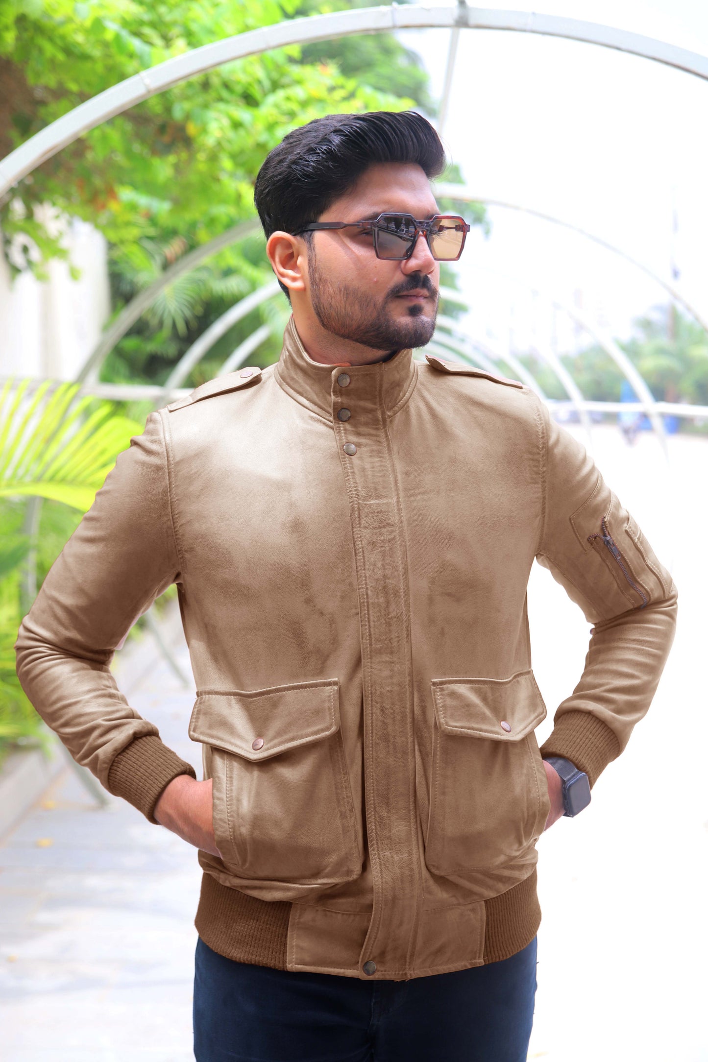 JHELUM JACKET Men's A2 Aviator Bomber Leather Jacket For, Men's Leather Jacket- Khaki