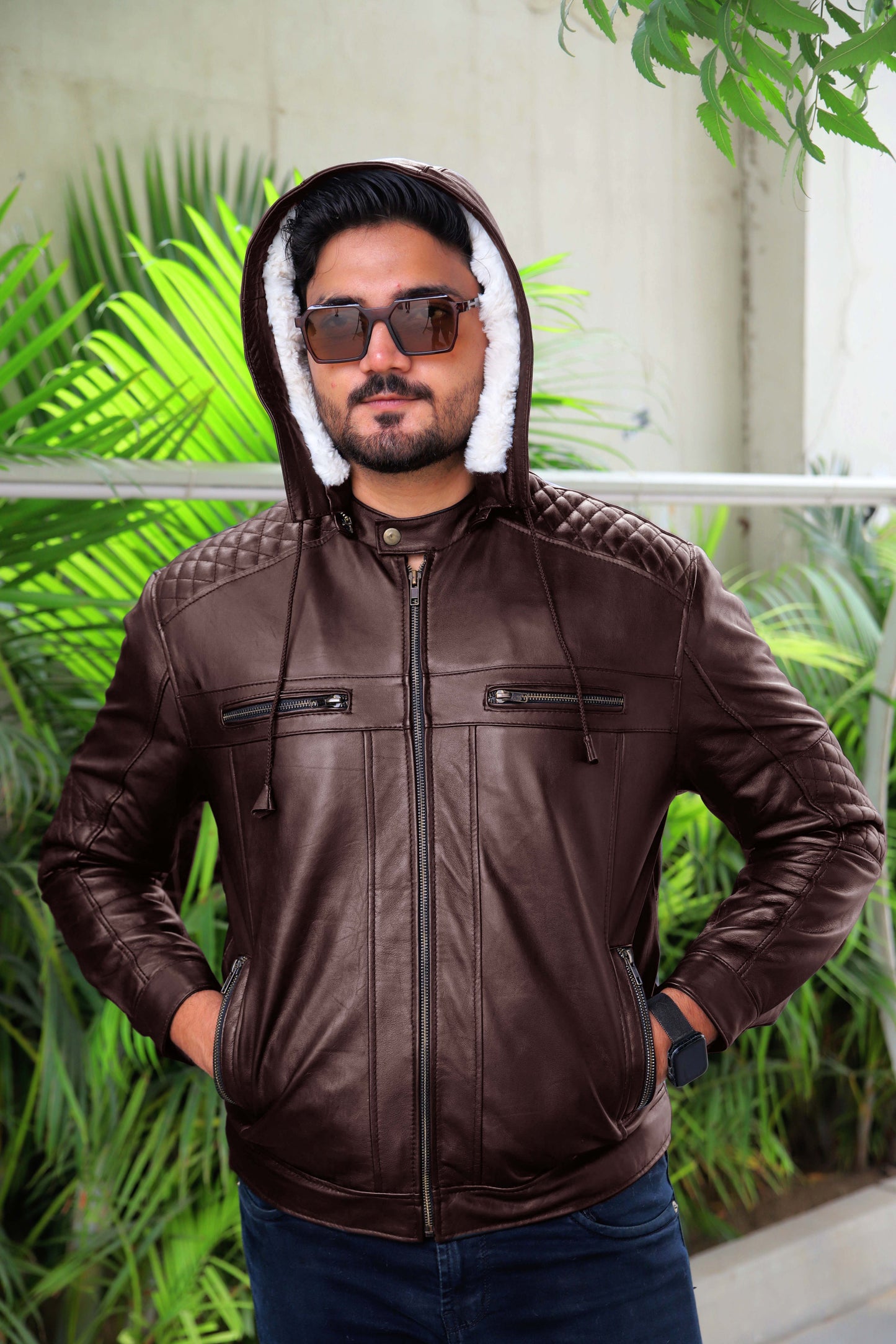 KOHAT JACKET Men's Leather Jacket With Fur Inner & (Removeable Hood), Biker Hooded Leather Jacket For Men- Brown