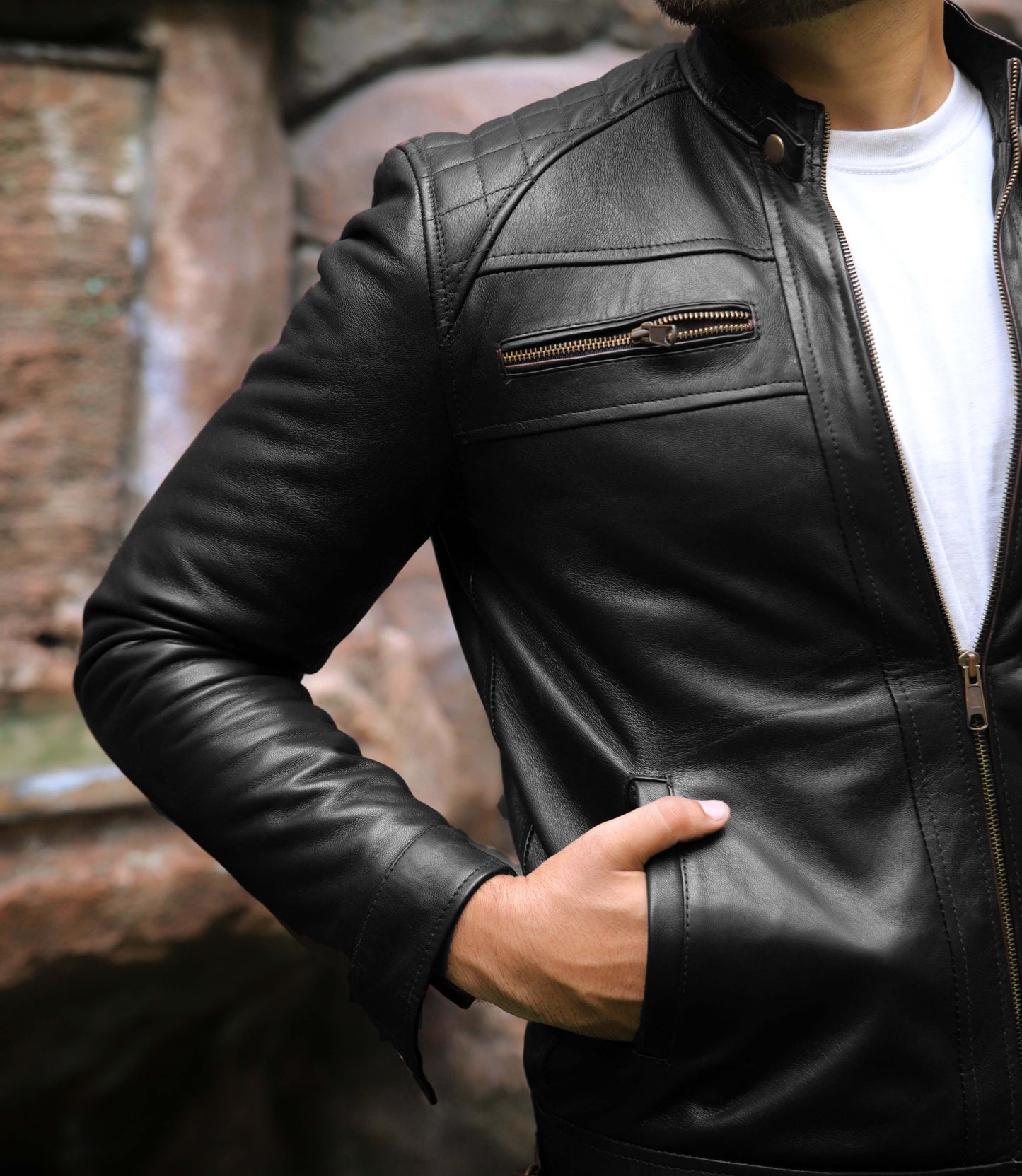 SAHIWAL JACKET Men's Leather Jacket For Men, Diamond Style Biker Jacket For Men-Jet Black