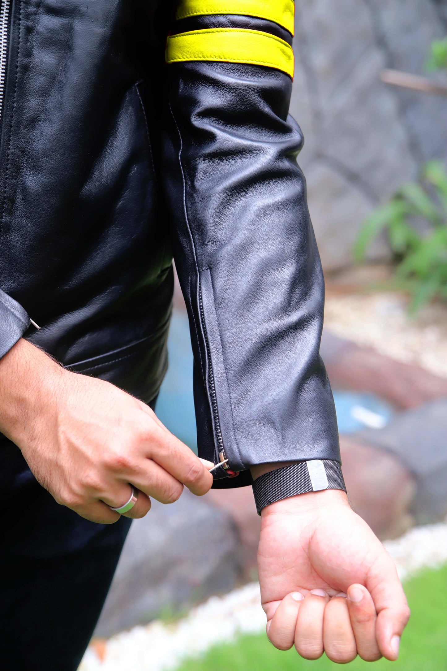 SARGODHA JACKET Men's Cafe Racer Leather Jacket With Yellow Bicep Stripes, Biker Leather Jacket For Men- Black/Yellow