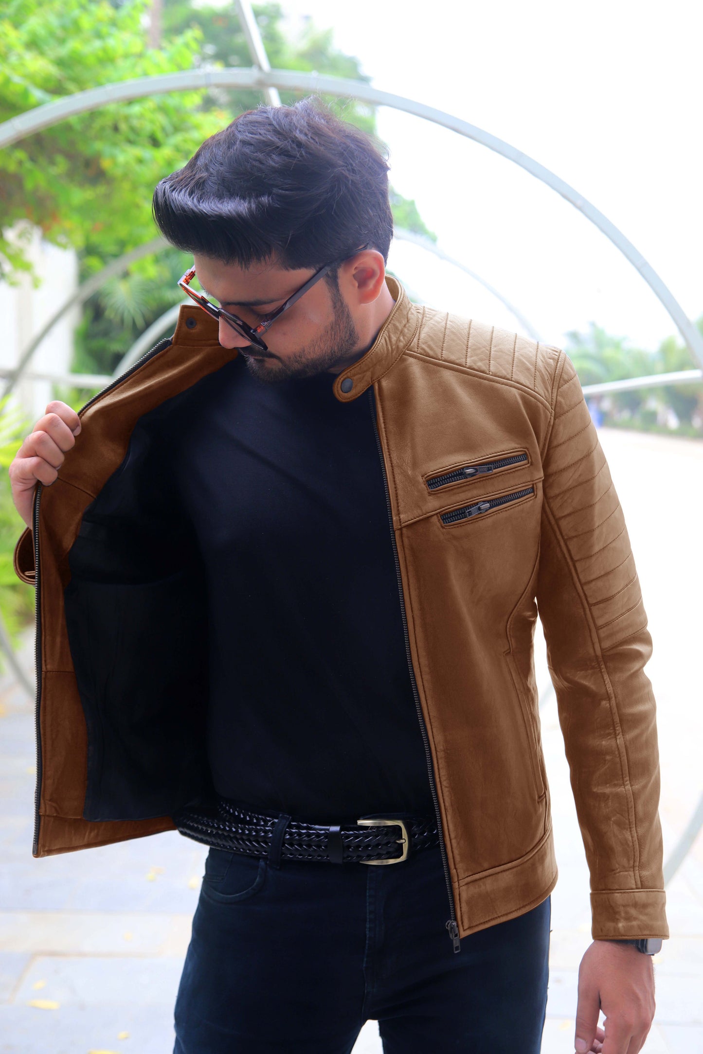 KAMOKE JACKET Men's Distressed Biker Leather Jacket, Vintage Motorcycle Jacket For Men- Vintage Cognac Lite