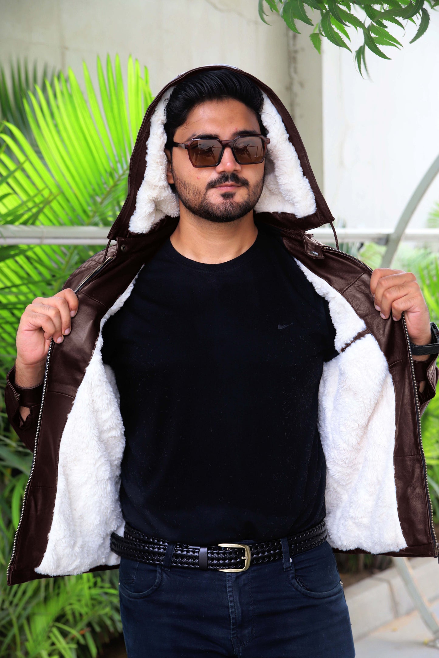 KOHAT JACKET Men's Leather Jacket With Fur Inner & (Removeable Hood), Biker Hooded Leather Jacket For Men- Brown