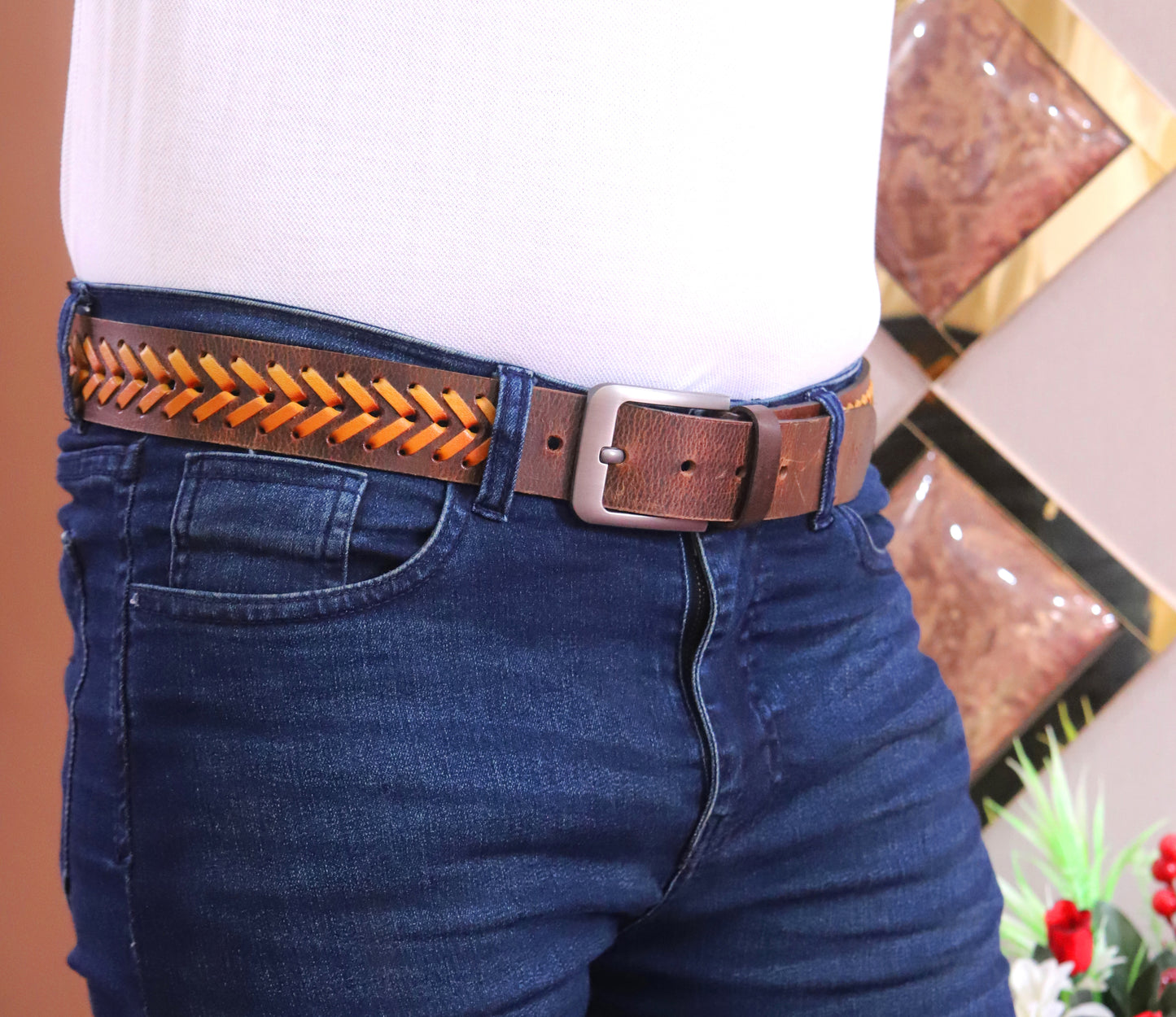 PAKISTAN BELT PRO Elegant Genuine Leather Braided Bel - Brown/Tan