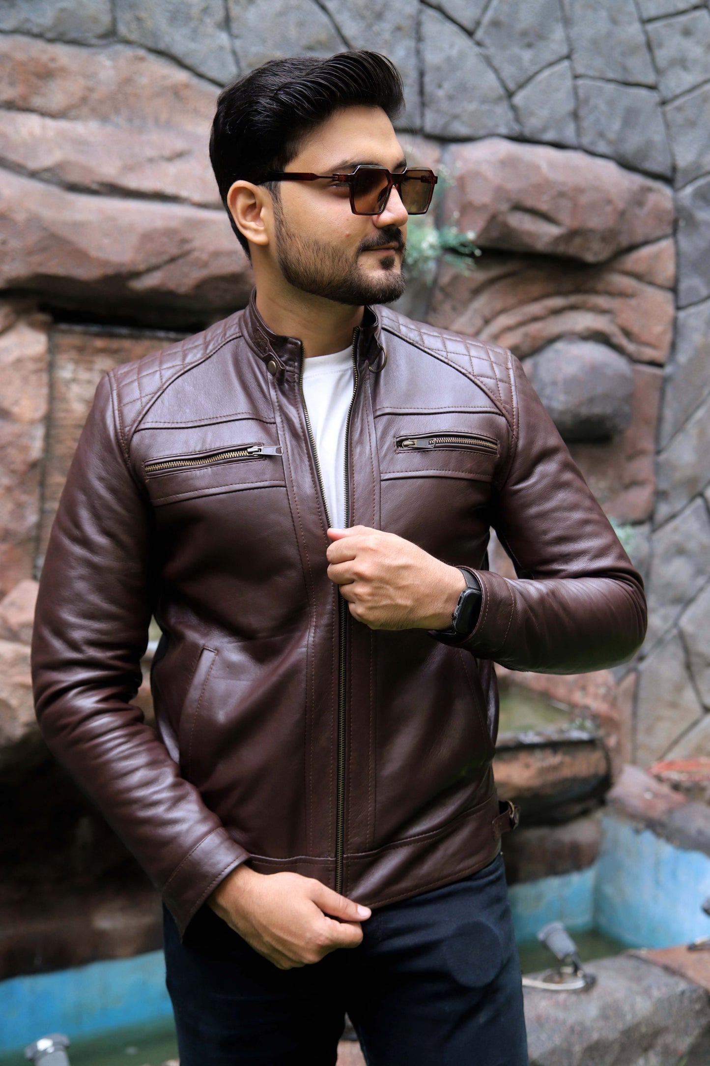 SAHIWAL JACKET Men's Brown Leather Jacket For Men, Diamond Style Biker Jacket For Men