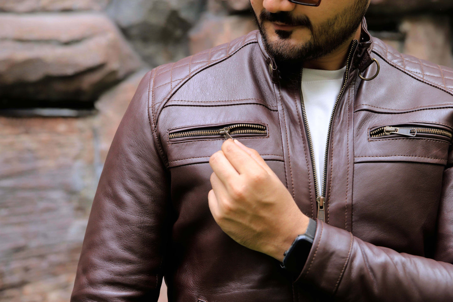 SAHIWAL JACKET Men's Brown Leather Jacket For Men, Diamond Style Biker Jacket For Men