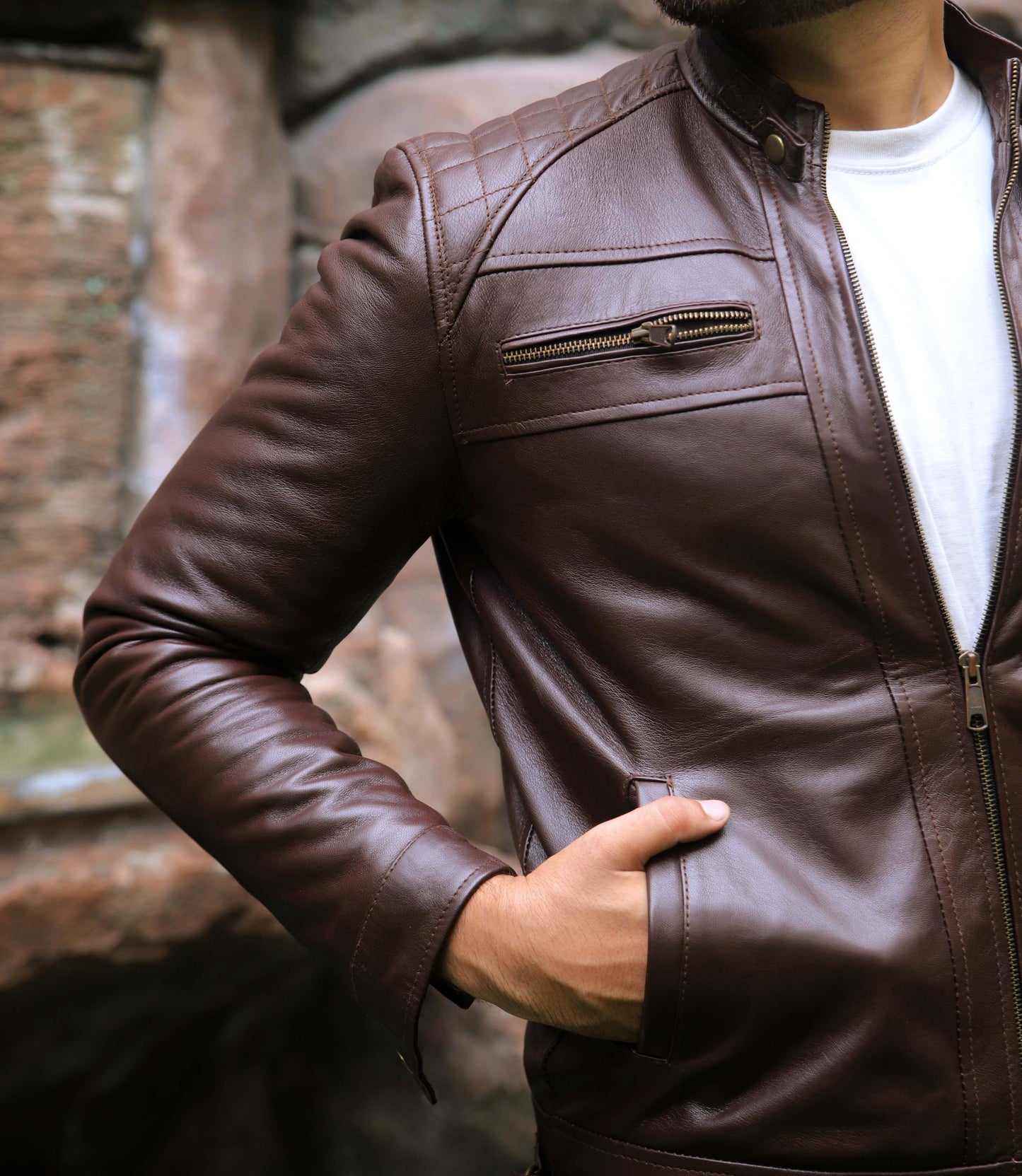 SAHIWAL JACKET Men's Brown Leather Jacket For Men, Diamond Style Biker Jacket For Men