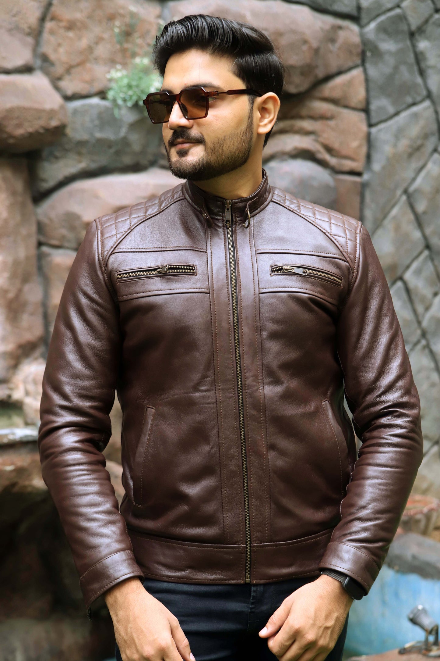 SAHIWAL JACKET Men's Brown Leather Jacket For Men, Diamond Style Biker Jacket For Men