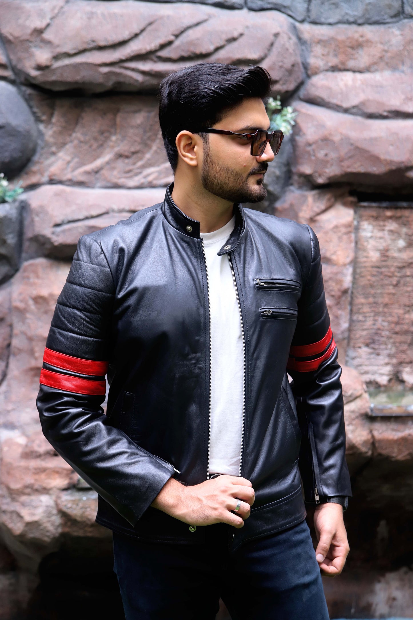 SARGODHA JACKET Men's Cafe Racer Leather Jacket With Red Bicep Stripes, Biker Leather Jacket For Men- Black