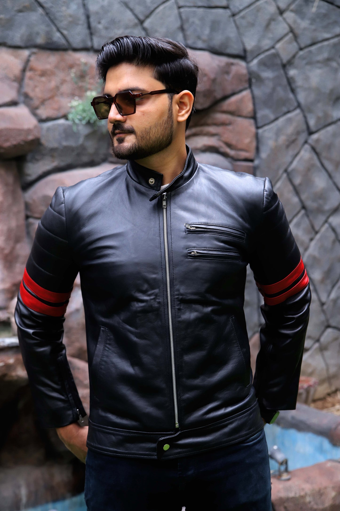 SARGODHA JACKET Men's Cafe Racer Leather Jacket With Red Bicep Stripes, Biker Leather Jacket For Men- Black
