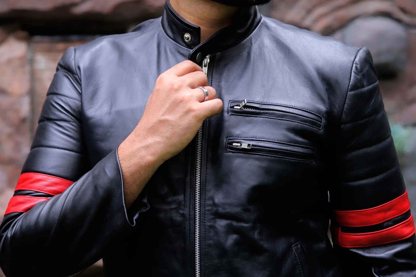 SARGODHA JACKET Men's Cafe Racer Leather Jacket With Red Bicep Stripes, Biker Leather Jacket For Men- Black