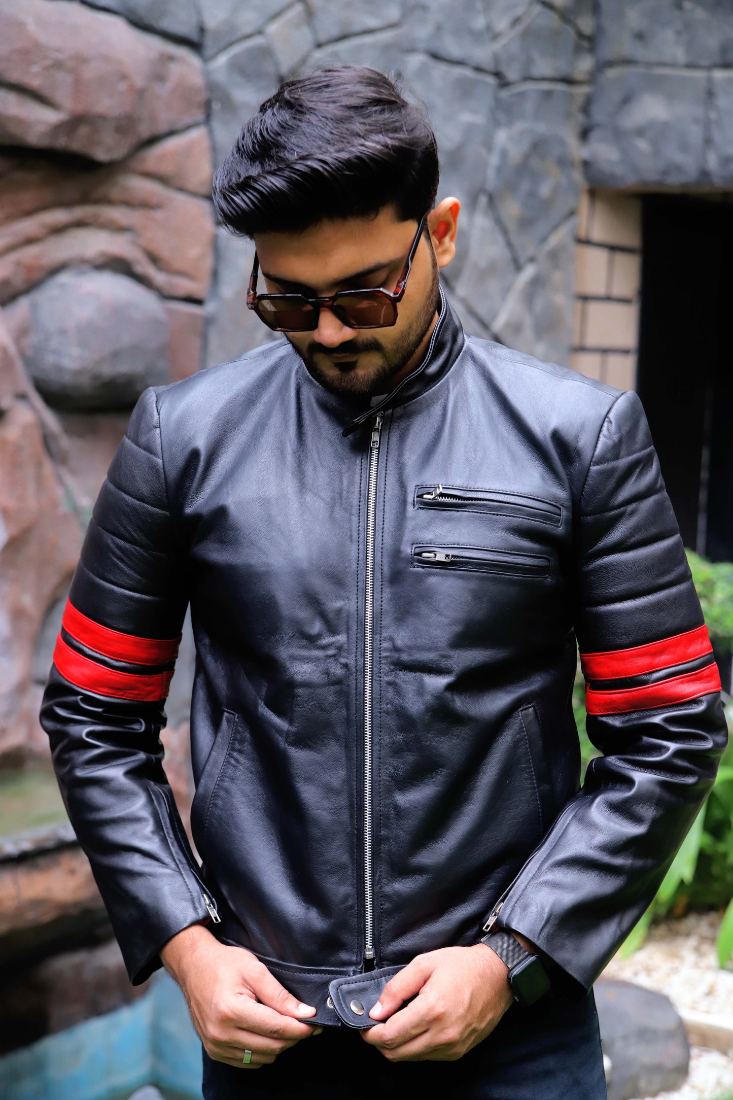 SARGODHA JACKET Men's Cafe Racer Leather Jacket With Red Bicep Stripes, Biker Leather Jacket For Men- Black
