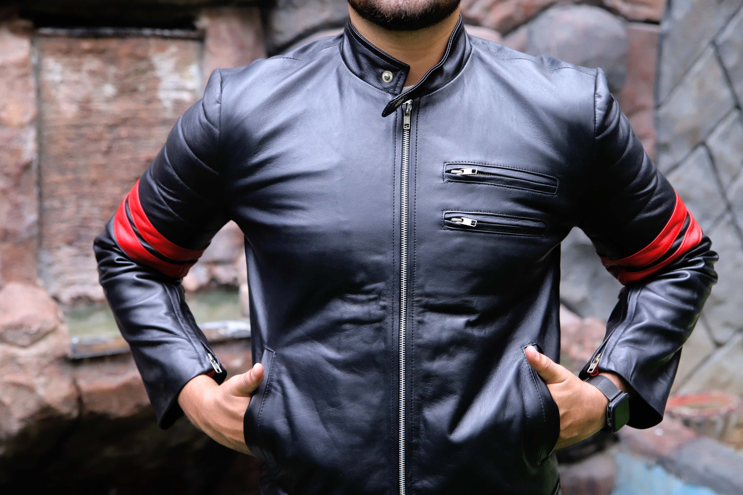 SARGODHA JACKET Men's Cafe Racer Leather Jacket With Red Bicep Stripes, Biker Leather Jacket For Men- Black