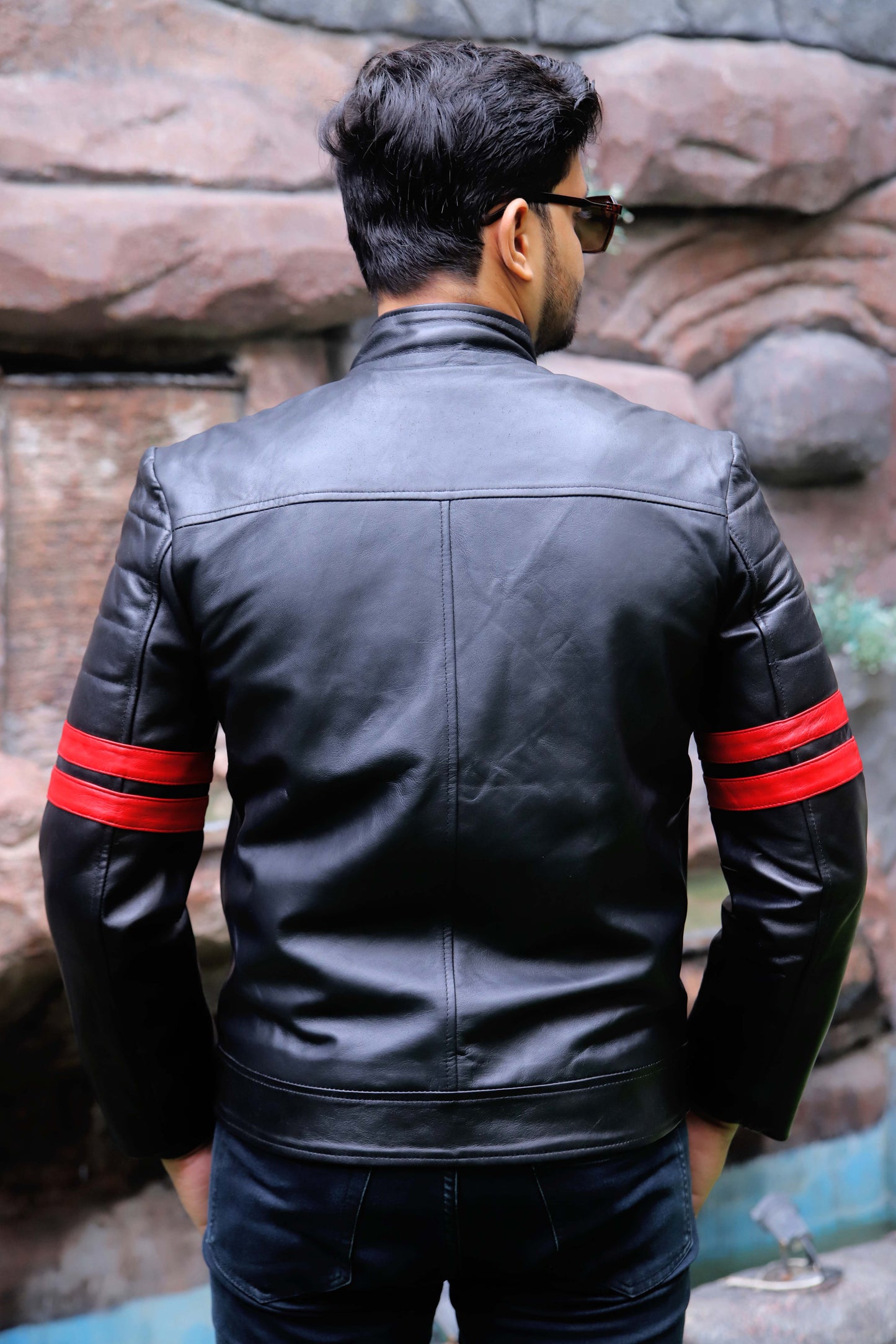 SARGODHA JACKET Men's Cafe Racer Leather Jacket With Red Bicep Stripes, Biker Leather Jacket For Men- Black