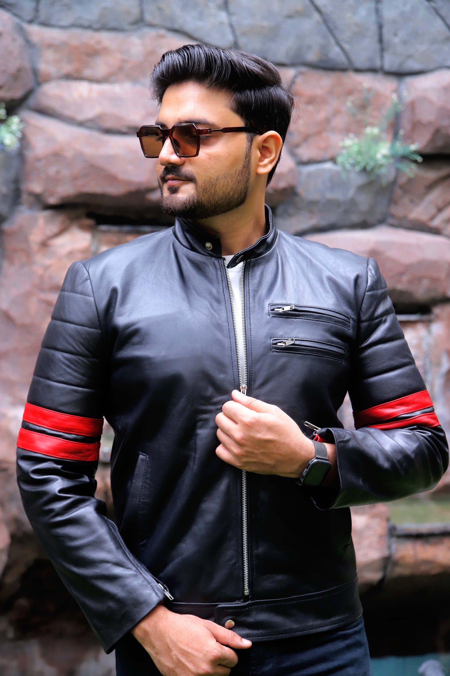 SARGODHA JACKET Men's Cafe Racer Leather Jacket With Red Bicep Stripes, Biker Leather Jacket For Men- Black