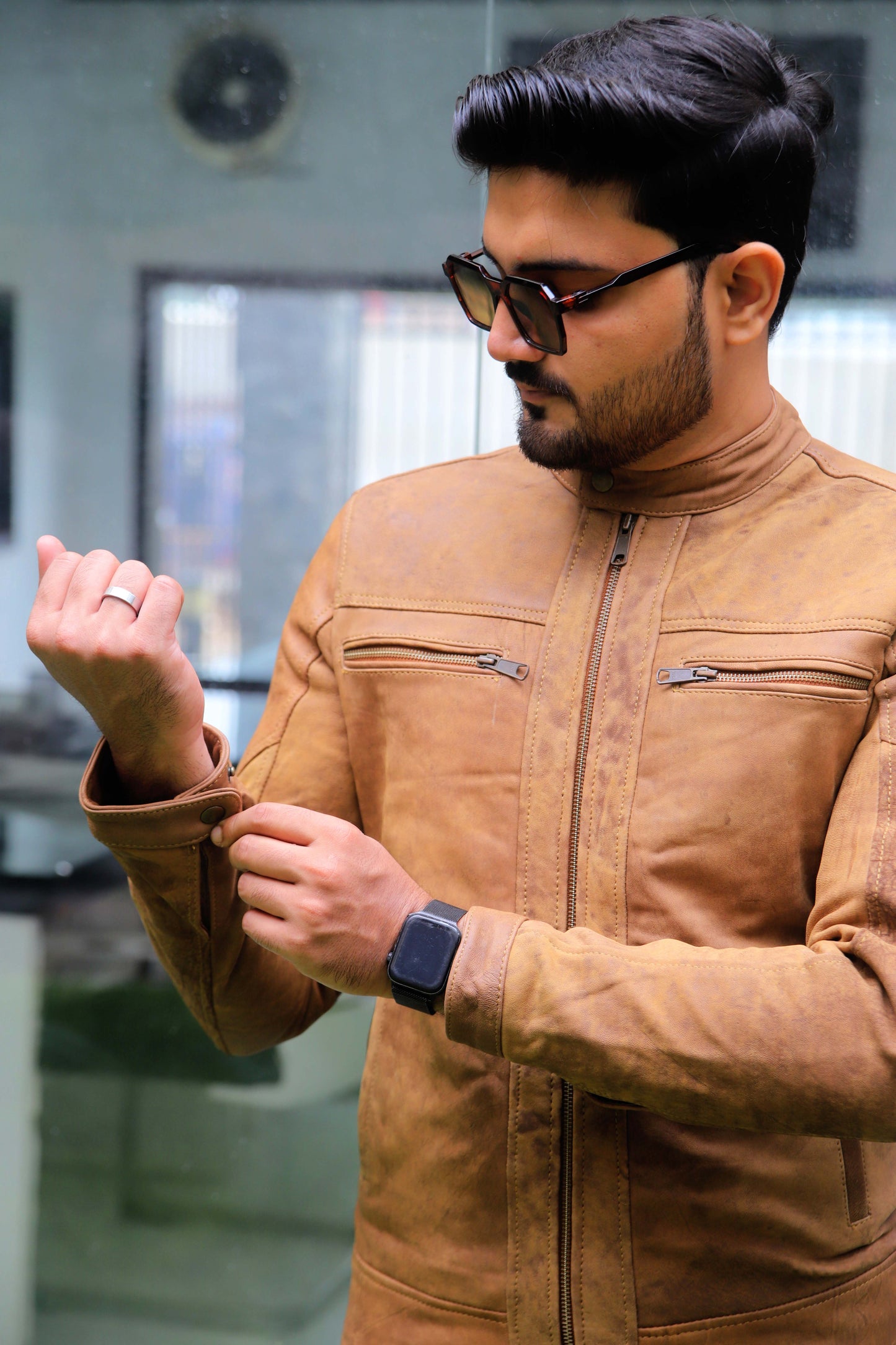 JHANG JACKET Men's Leather Jacket Suede Touch Men's Biker Leather Jacket, Casual Biker Street wear- Tan