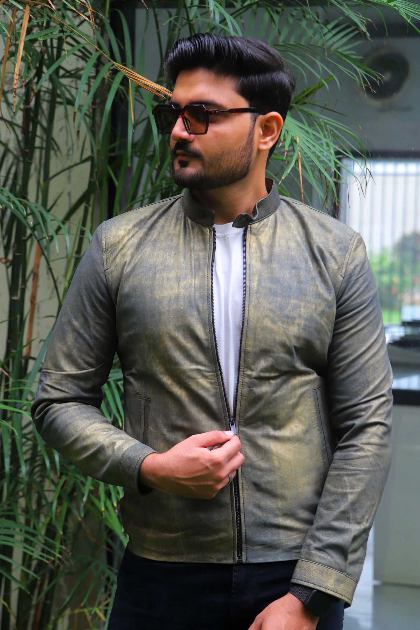 OKARA JACKET Men's Leather Jacket, Distressed Green Leather Jacket For Men, Biker Leather Jacket For Men, Casual Wear- Vintage Green