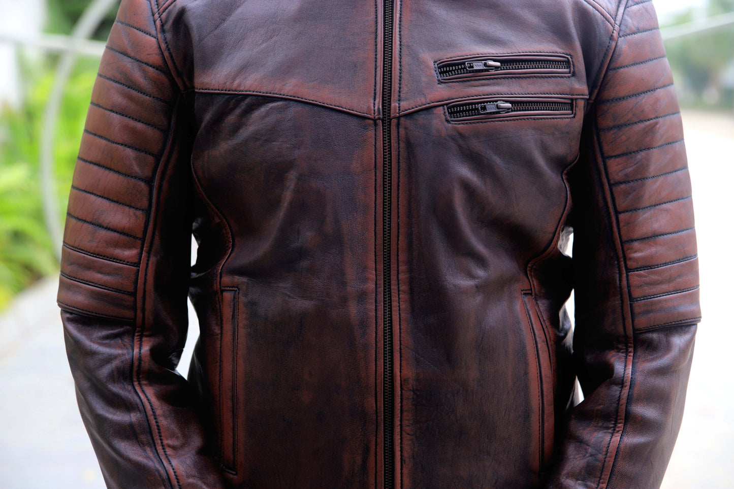 KAMOKE JACKET Men's Distressed Biker Leather Jacket, Vintage Motorcycle Jacket For Men- Vintage Tan