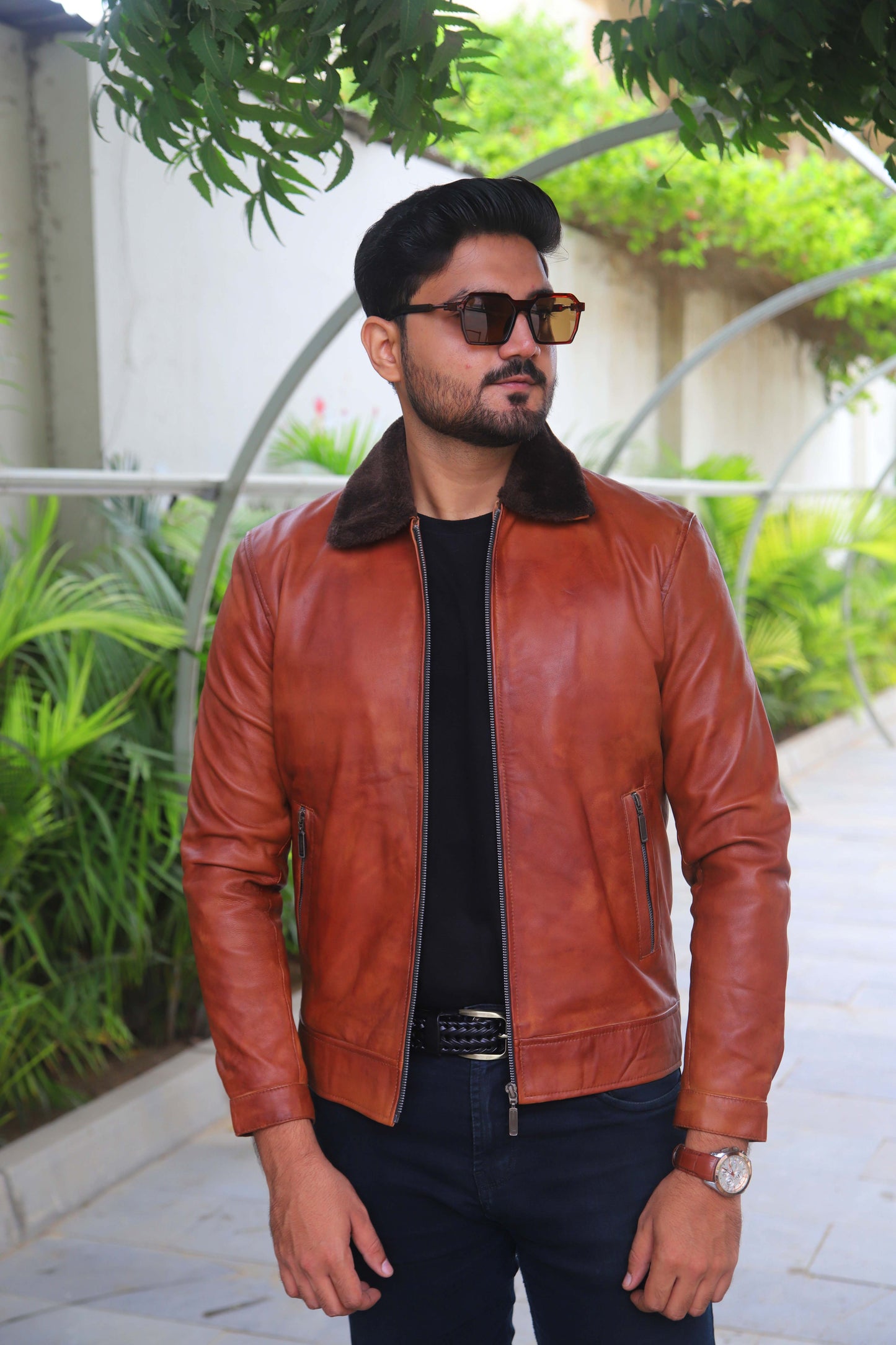 KHANIWAL JACKET Men's Leather Jacket With Fur Collar, Motorcycle Leather Jacket For Men, Casual Street Wear Leather Jacket- Distressed Tan