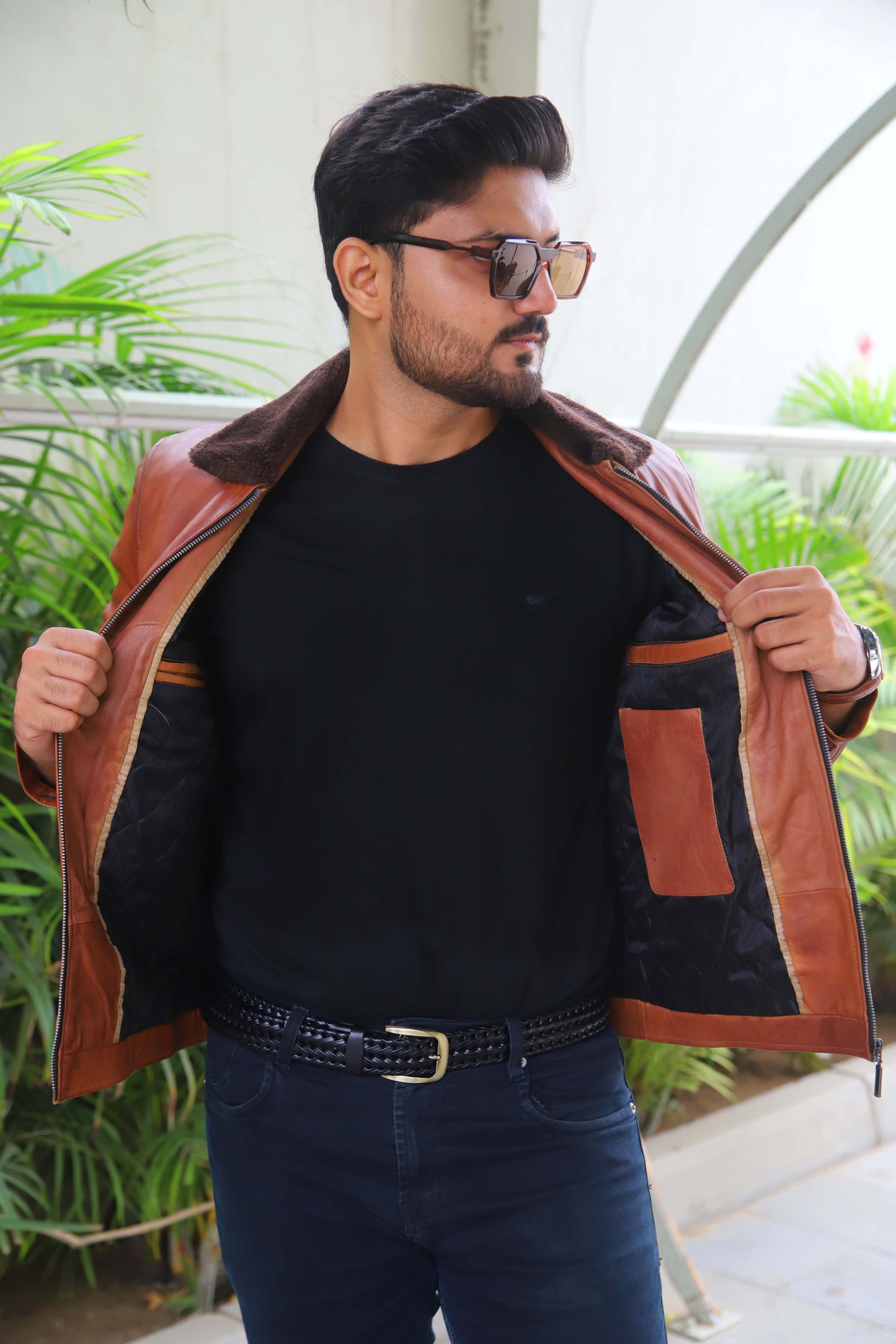 KHANIWAL JACKET Men's Leather Jacket With Fur Collar, Motorcycle Leather Jacket For Men, Casual Street Wear Leather Jacket- Distressed Tan