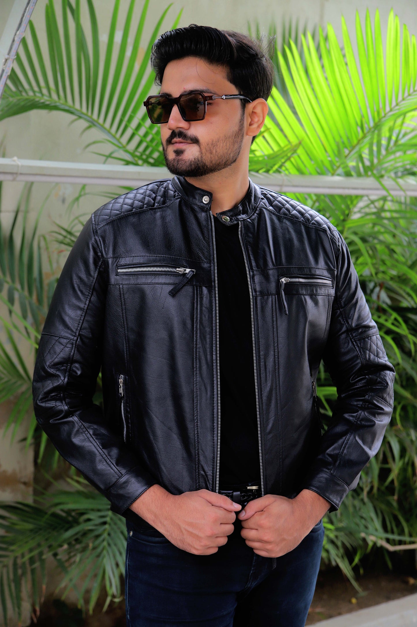 KHANPUR JACKET Men's Leather Jacket, Diamond Style Leather Jacket For Men, Biker Leather Jacket For Men- Jet Black