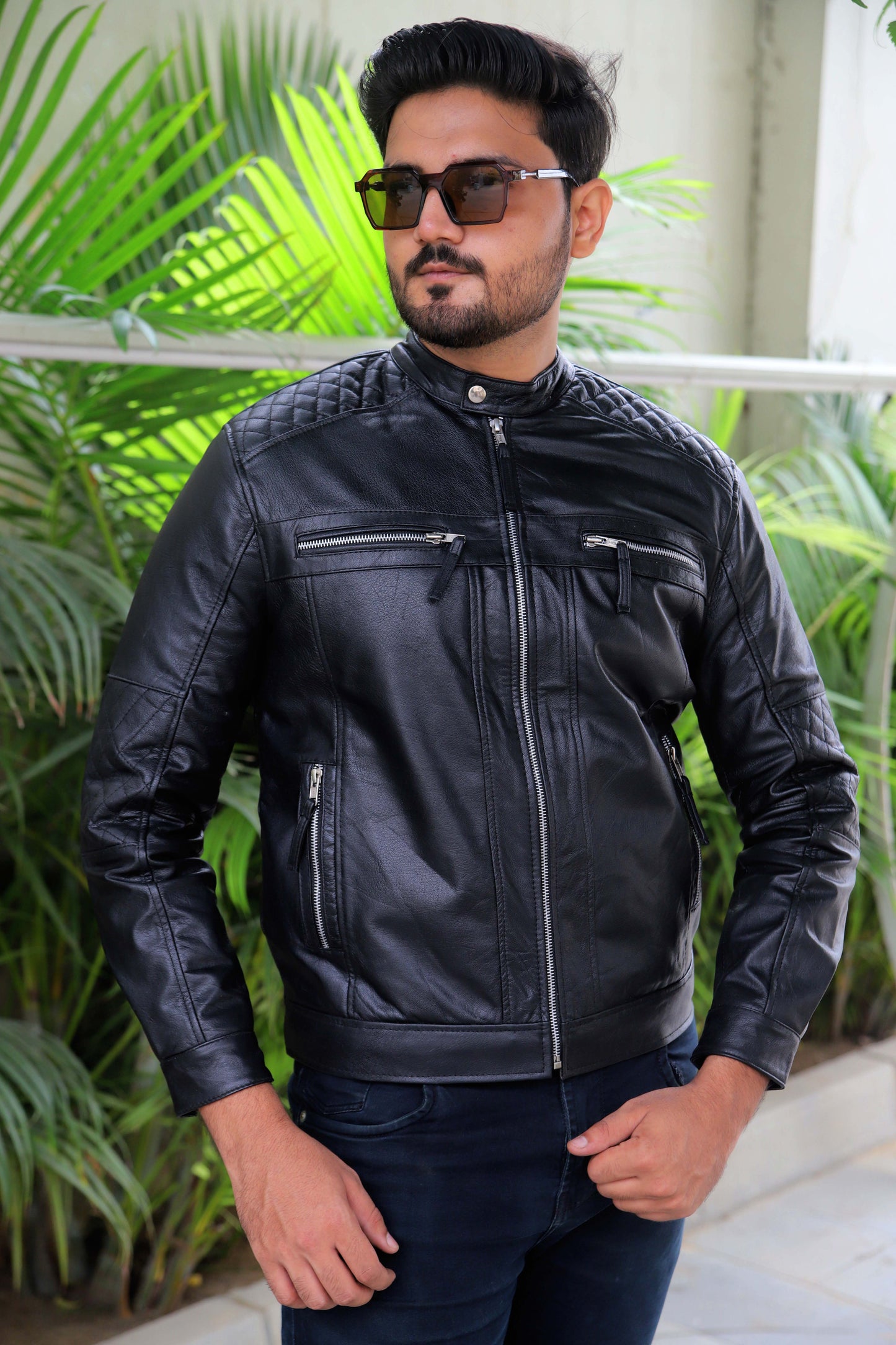 KHANPUR JACKET Men's Leather Jacket, Diamond Style Leather Jacket For Men, Biker Leather Jacket For Men- Jet Black