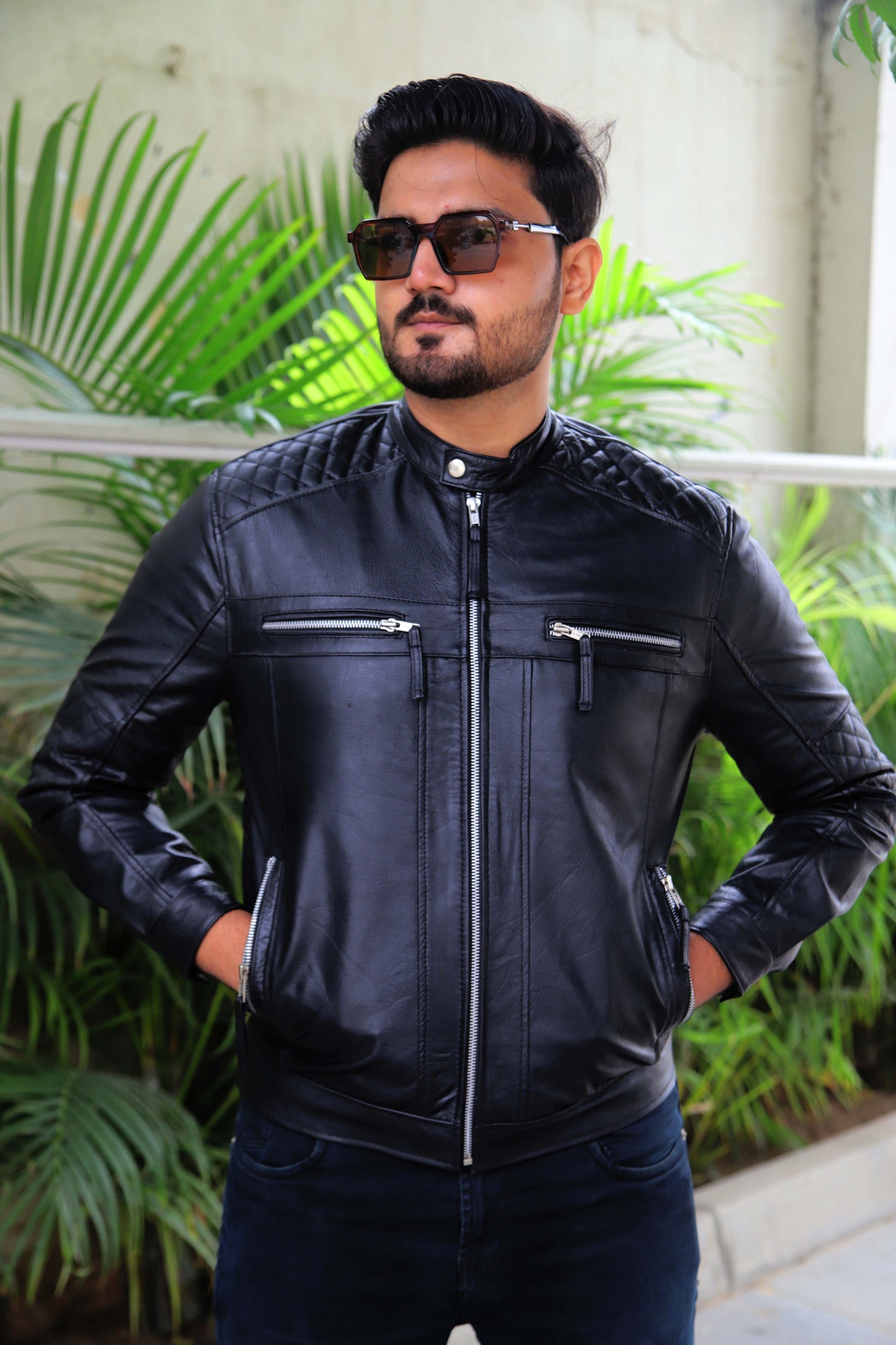 KHANPUR JACKET Men's Leather Jacket, Diamond Style Leather Jacket For Men, Biker Leather Jacket For Men- Jet Black