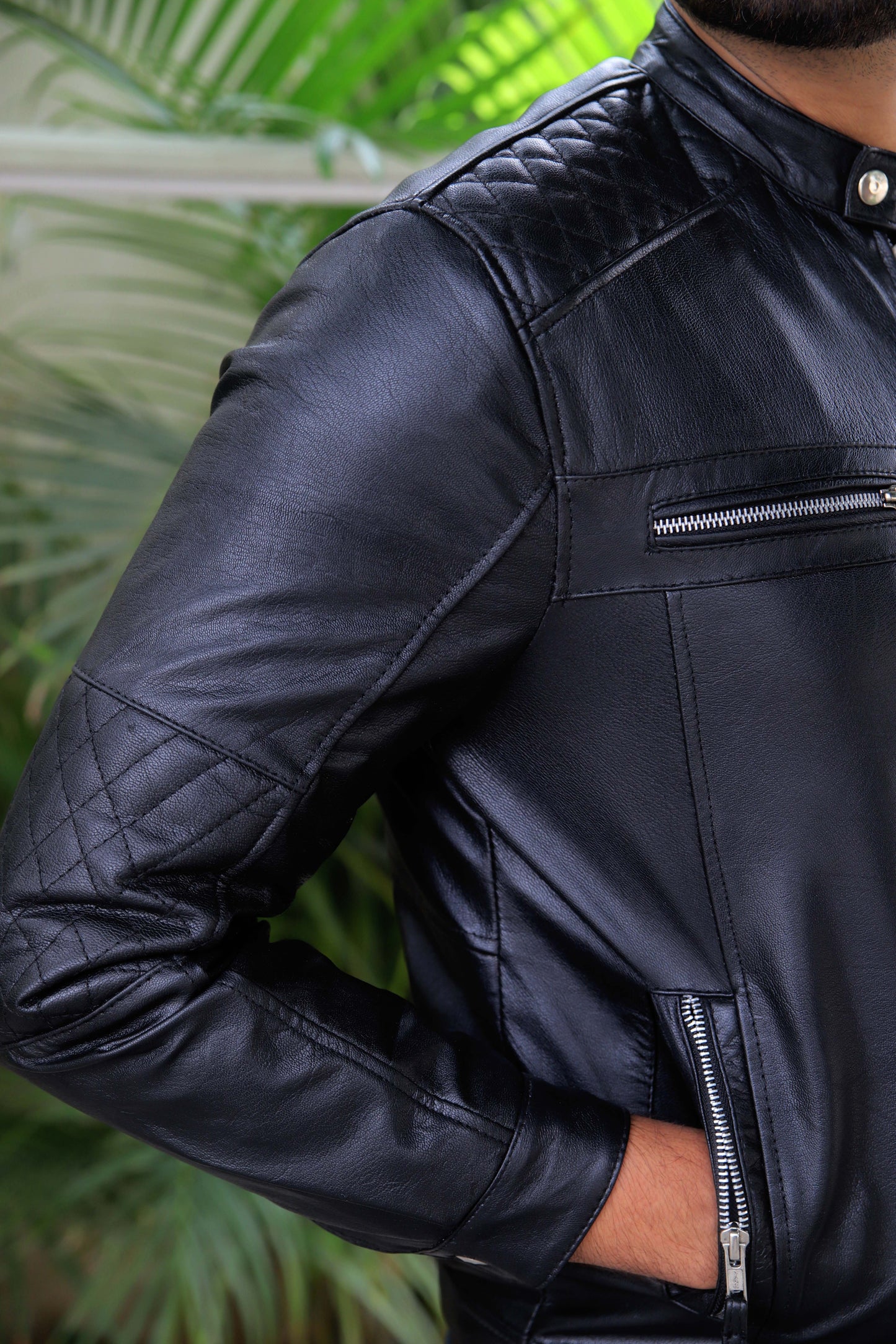 KHANPUR JACKET Men's Leather Jacket, Diamond Style Leather Jacket For Men, Biker Leather Jacket For Men- Jet Black