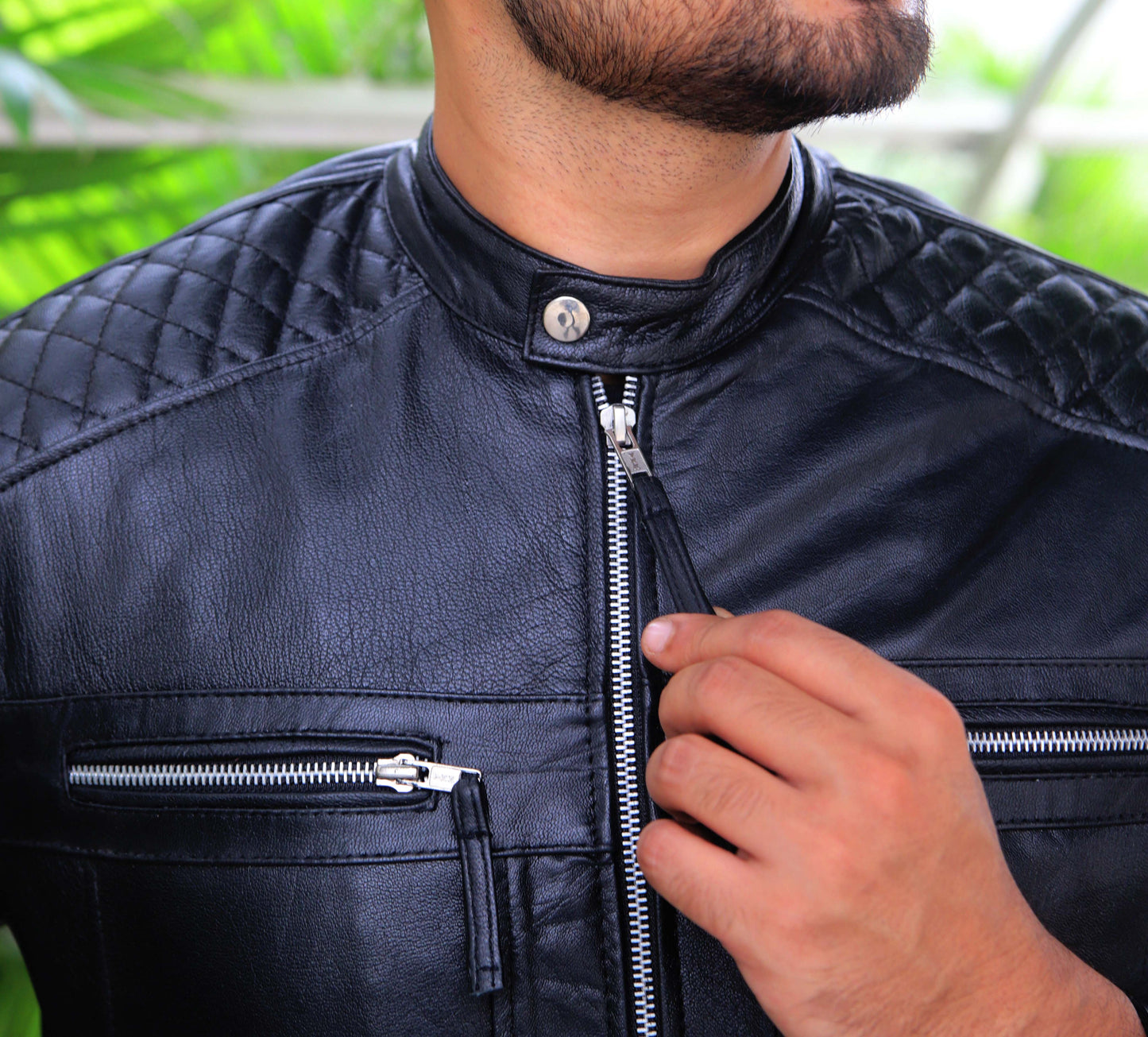 KHANPUR JACKET Men's Leather Jacket, Diamond Style Leather Jacket For Men, Biker Leather Jacket For Men- Jet Black