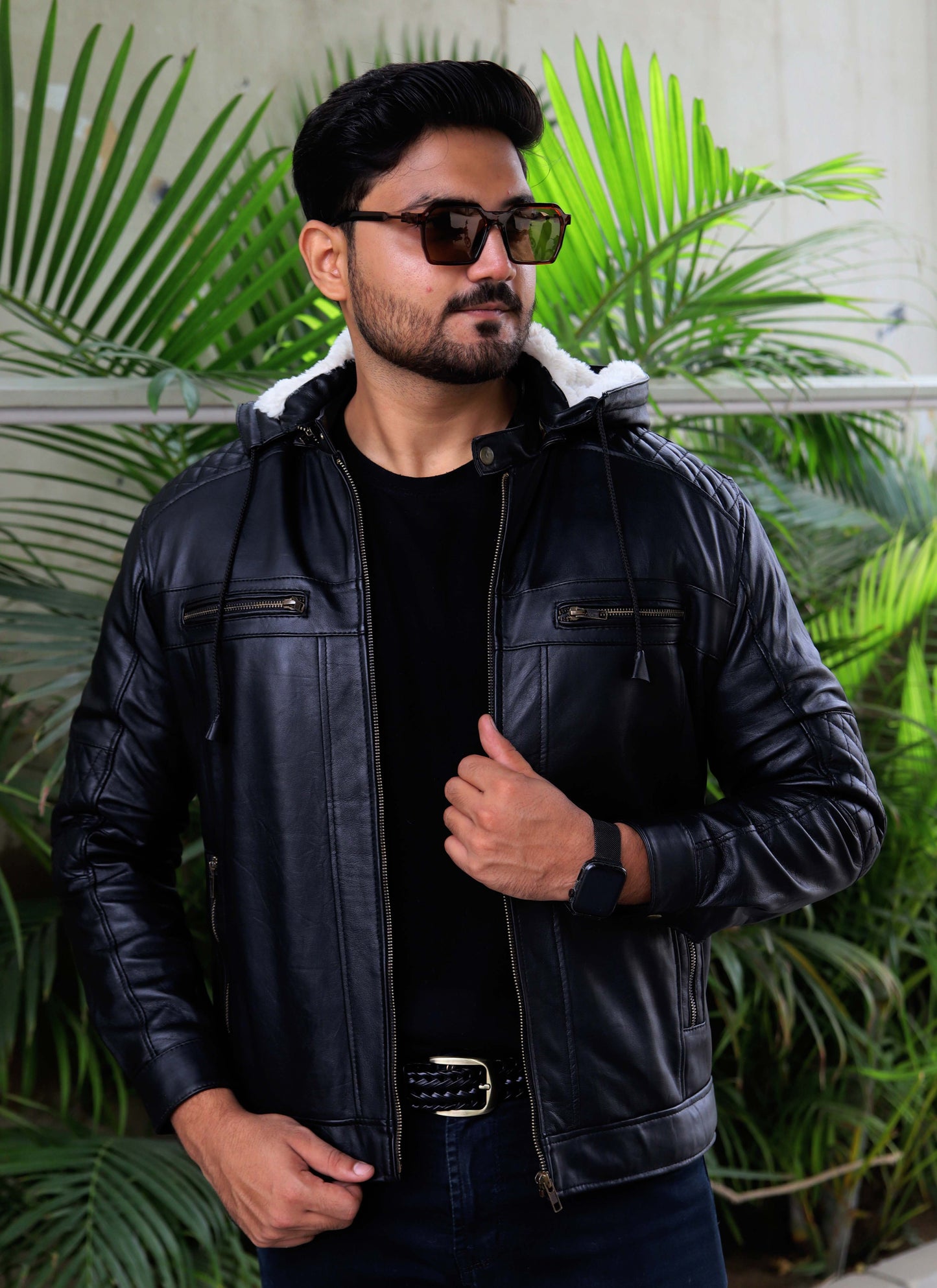 KOHAT JACKET Men's Leather Jacket With Fur Inner & (Removeable Hood), Biker Hooded Leather Jacket For Men- Jet Black