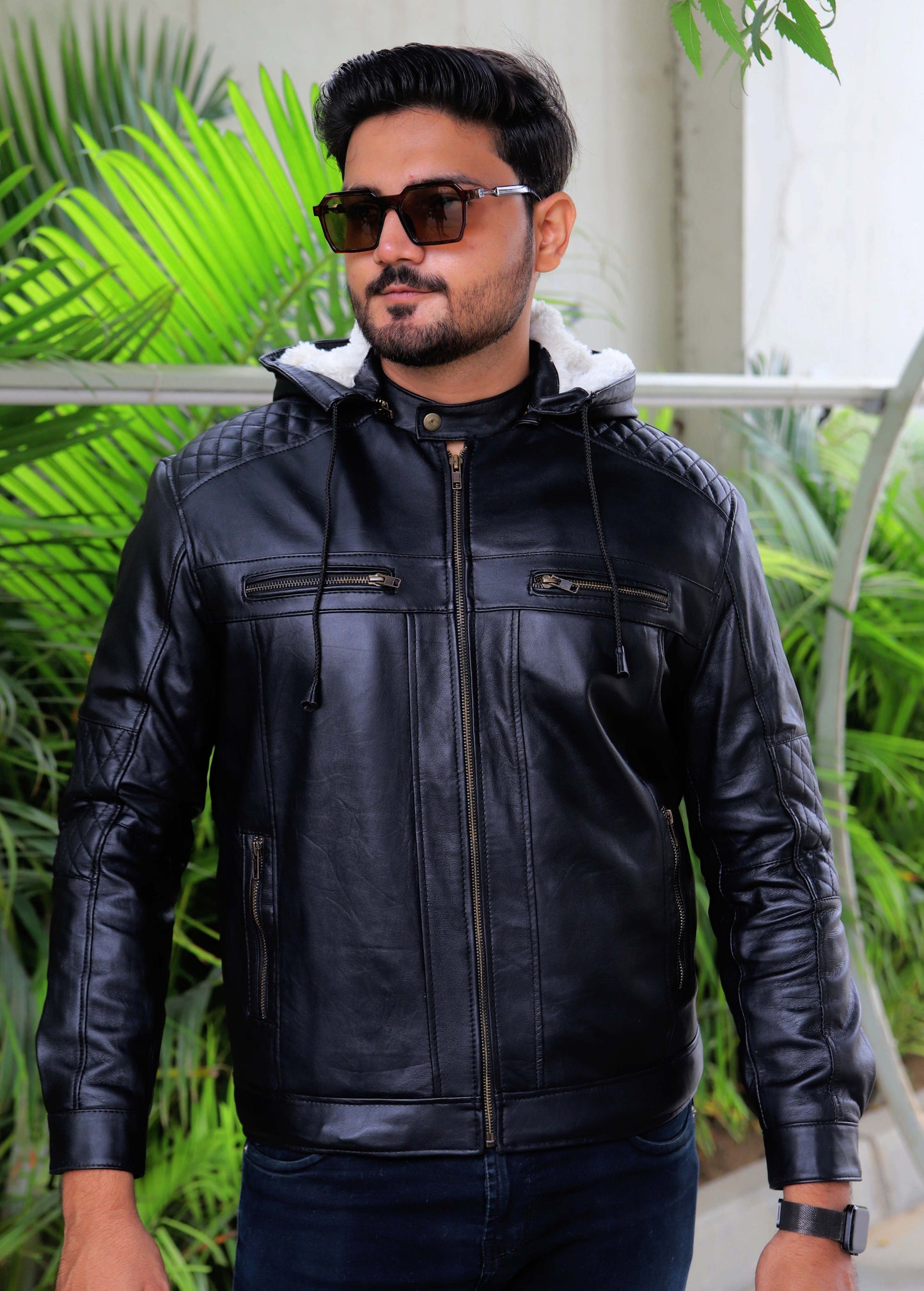 KOHAT JACKET Men's Leather Jacket With Fur Inner & (Removeable Hood), Biker Hooded Leather Jacket For Men- Jet Black