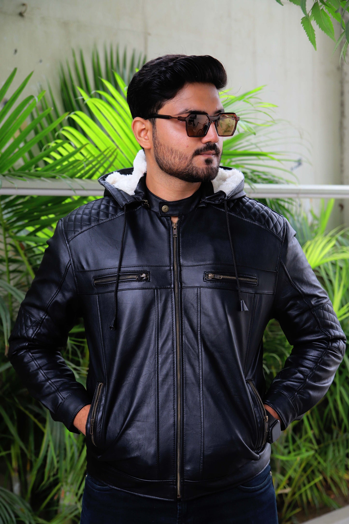 KOHAT JACKET Men's Leather Jacket With Fur Inner & (Removeable Hood), Biker Hooded Leather Jacket For Men- Jet Black