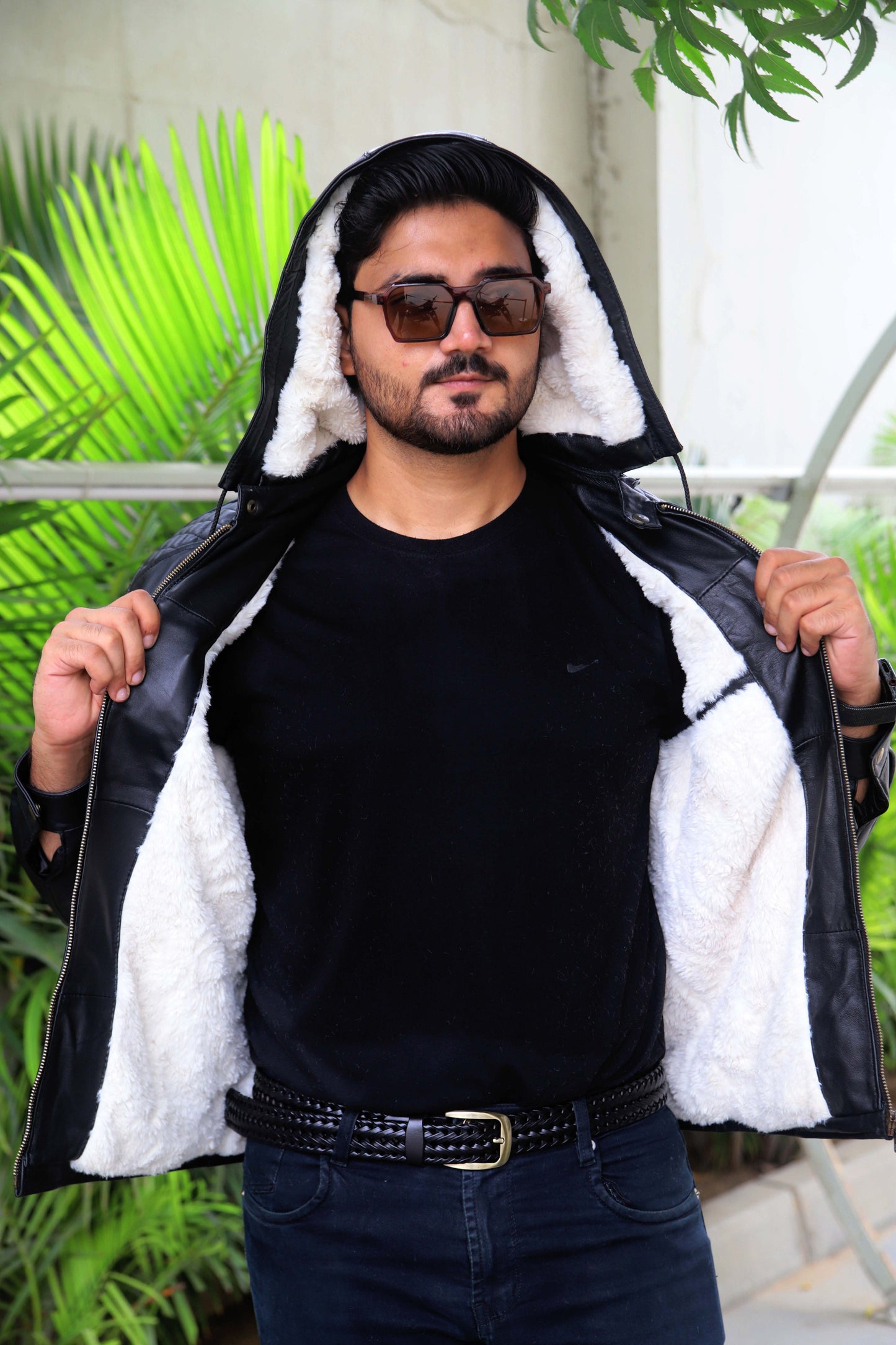 KOHAT JACKET Men's Leather Jacket With Fur Inner & (Removeable Hood), Biker Hooded Leather Jacket For Men- Jet Black