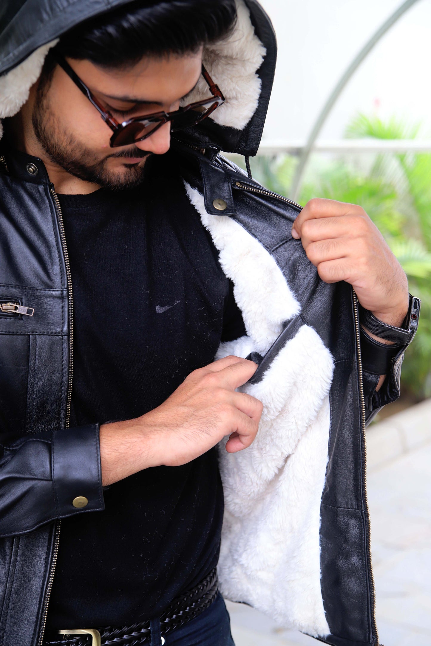 KOHAT JACKET Men's Leather Jacket With Fur Inner & (Removeable Hood), Biker Hooded Leather Jacket For Men- Jet Black
