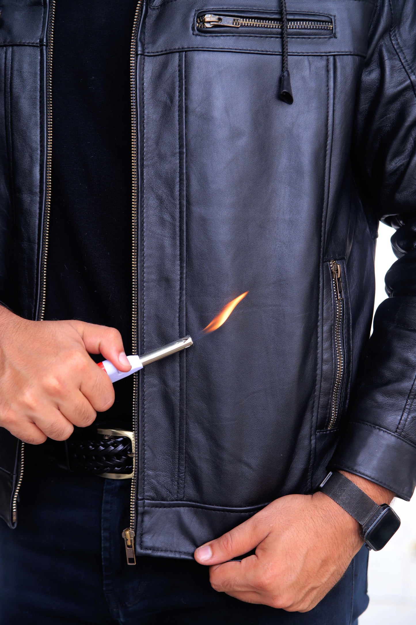 KOHAT JACKET Men's Leather Jacket With Fur Inner & (Removeable Hood), Biker Hooded Leather Jacket For Men- Jet Black